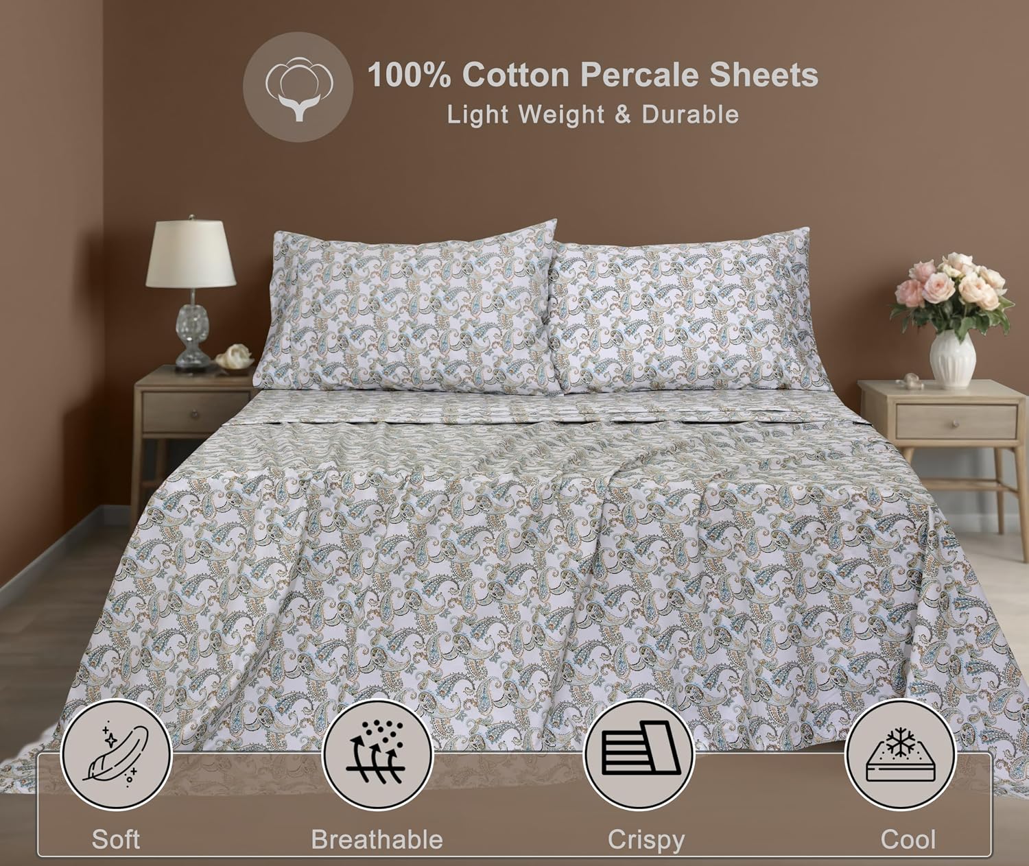 Zoyer 100% Cotton Sheets – Full Size Percale Bedding, Cooling & Breathable, Durable with a Crisp, Soft & Comfortable Feel, 16" Deep Pocket,…