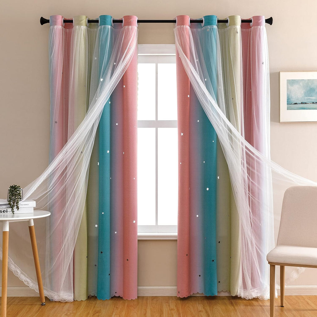 Addsomecolortolife XiDi Dream Star Blackout Curtains for Kids Rooms Girl Princess Curtain for Daughter Bedroom Window (Pink Blue, W34 X L72…