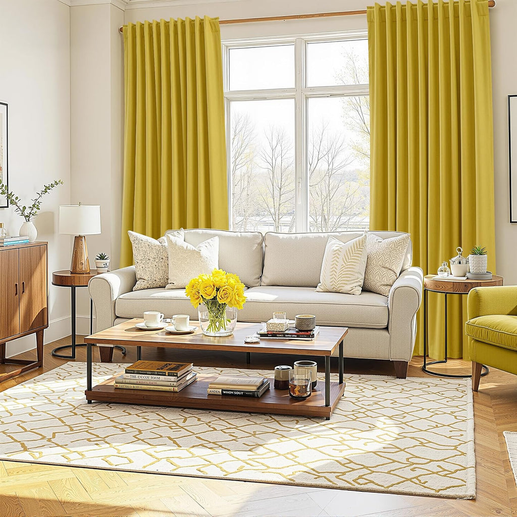 Guken Celery Yellow 100% Blackout Linen Curtains 102 Inch Length 2 Panels Set for Living Room Bedroom Back Tab Rod Pocket Thermal Insulated…