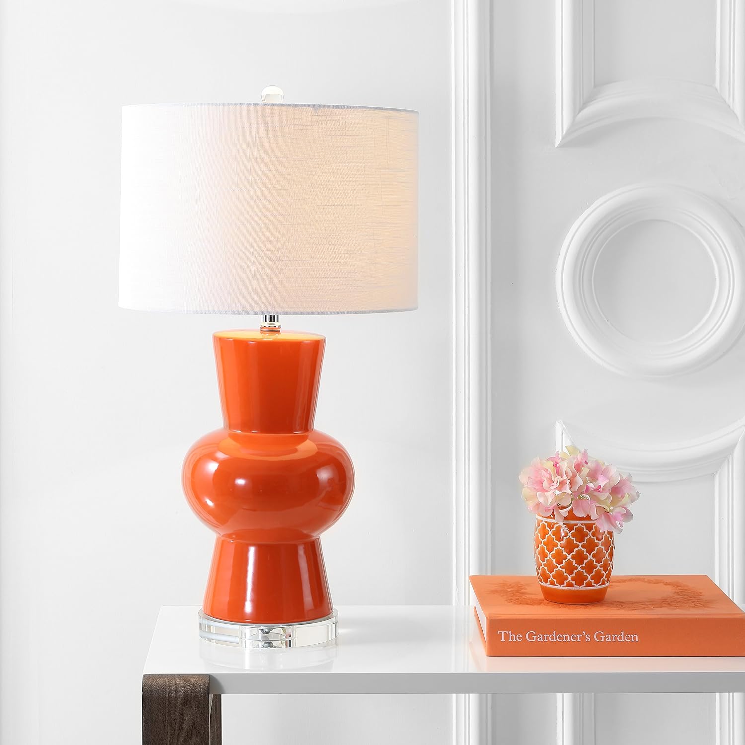 JONATHAN Y 28.5" Coral Ceramic Table Lamp for Living Room Bedroom Nightstand, Modern Hourglass LED Bedside Lamp with Crystal Base and…