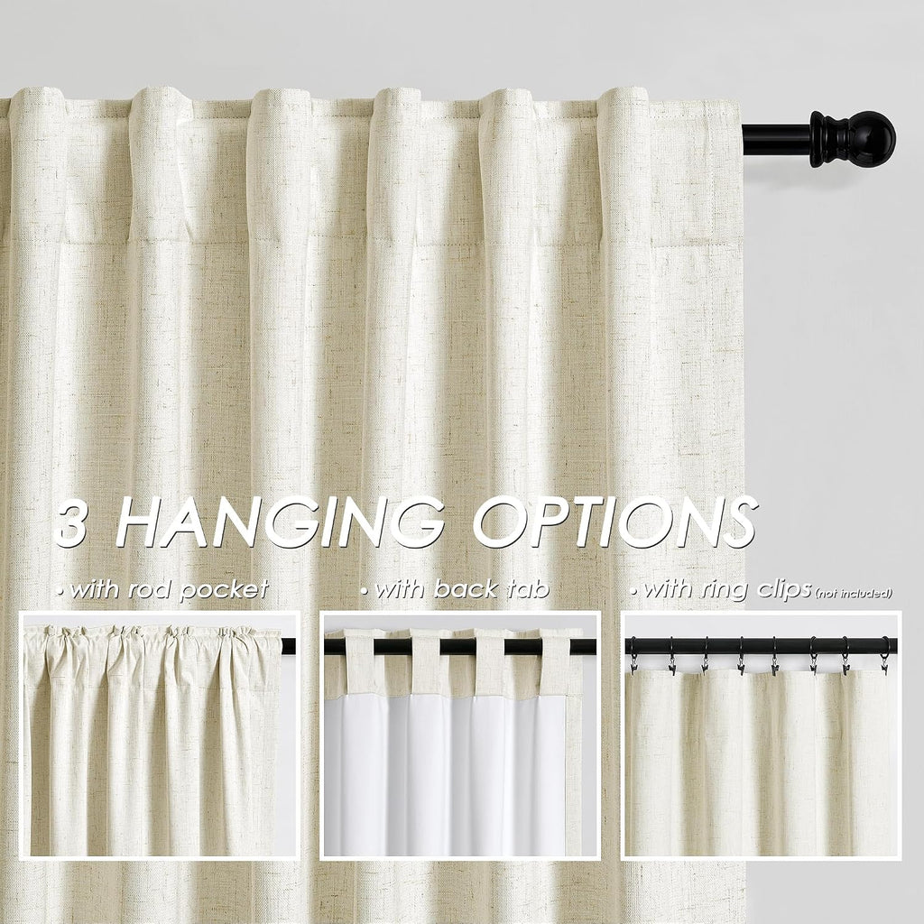 Nanspring Warm Beige 100% Blackout Linen Curtains for Bedroom 120 Inches Long Back Tab Thermal Insulated Modern Farmhouse Decor Black Out C…