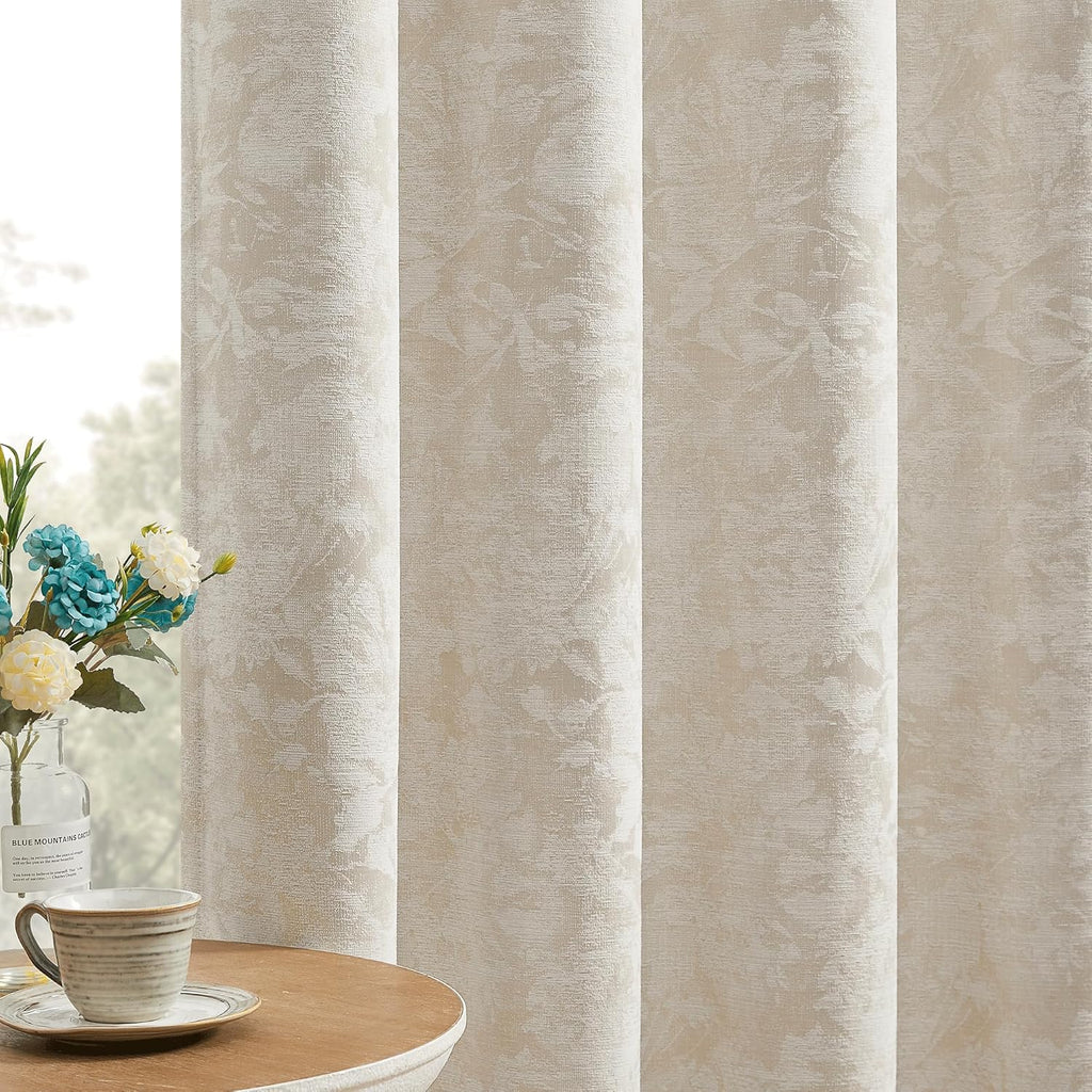 Beauoop Beige Floral Jacquard Blackout Curtains 63 Inches Long 2 Panels for Bedroom Living Room Chenille Flower Room Darkening Thermal…