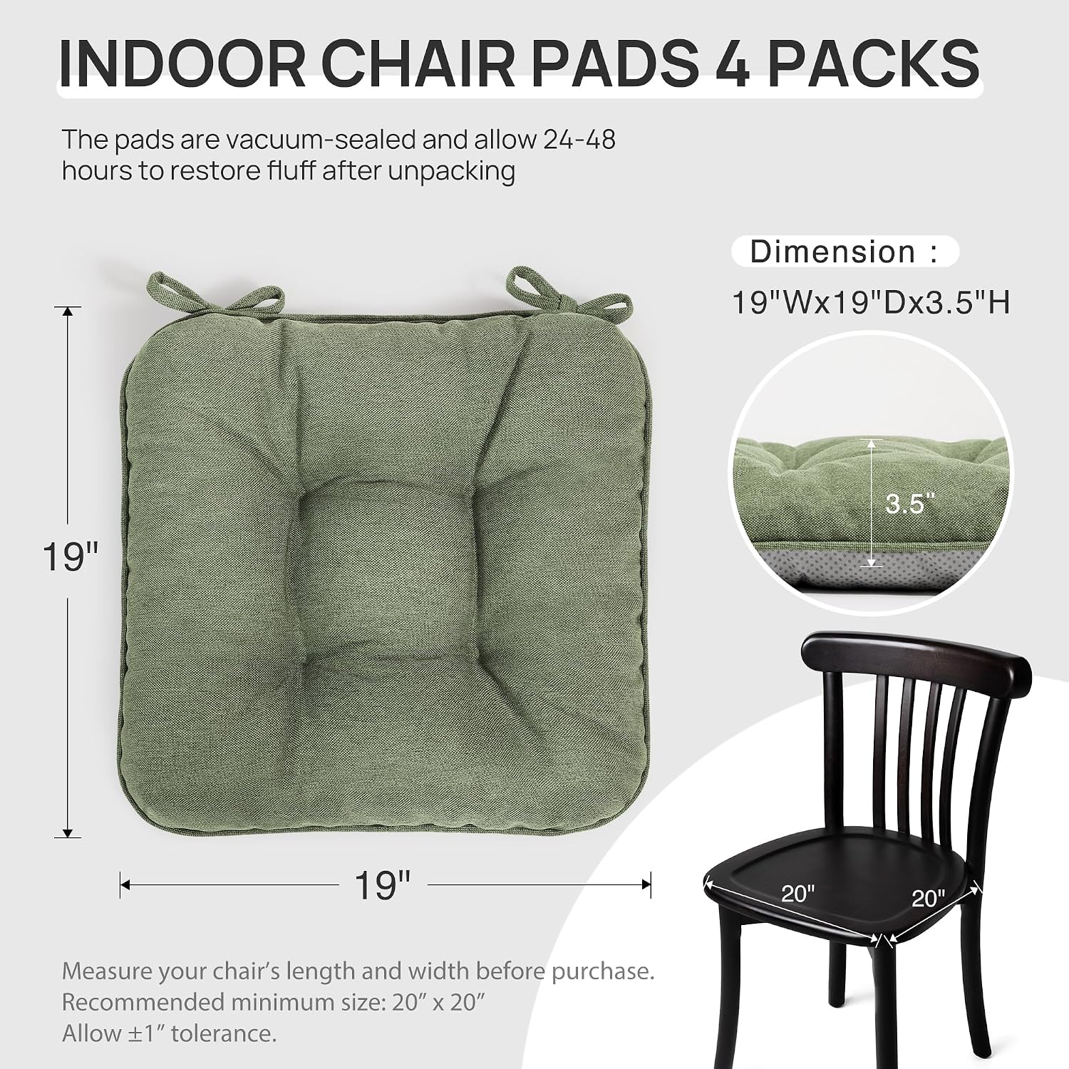 Love's cabin Memory Foam Chair Cushions Set of 4, 19"x19"x3.5" Indoor & Outdoor Seat Pads for Dining, Kitchen, Office, Patio Chairs - Green