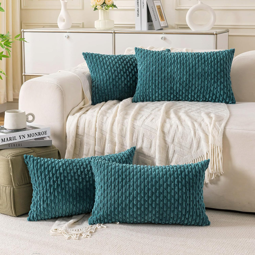 Cozoomy Set of 4 Teal Decorative Throw Pillow Covers 12x20 Inch Corduroy Pillow Covers for Bed Couch Sofa Living Room Soft Cushion Cases 20…
