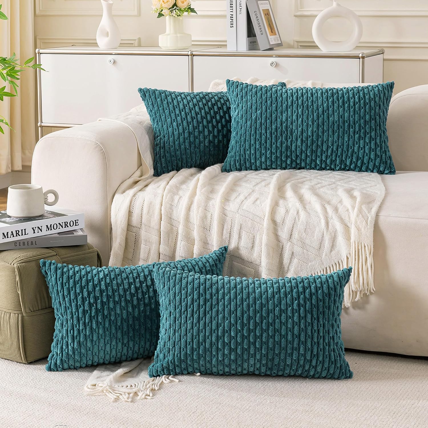 Cozoomy Set of 4 Teal Decorative Throw Pillow Covers 12x20 Inch Corduroy Pillow Covers for Bed Couch Sofa Living Room Soft Cushion Cases 20…