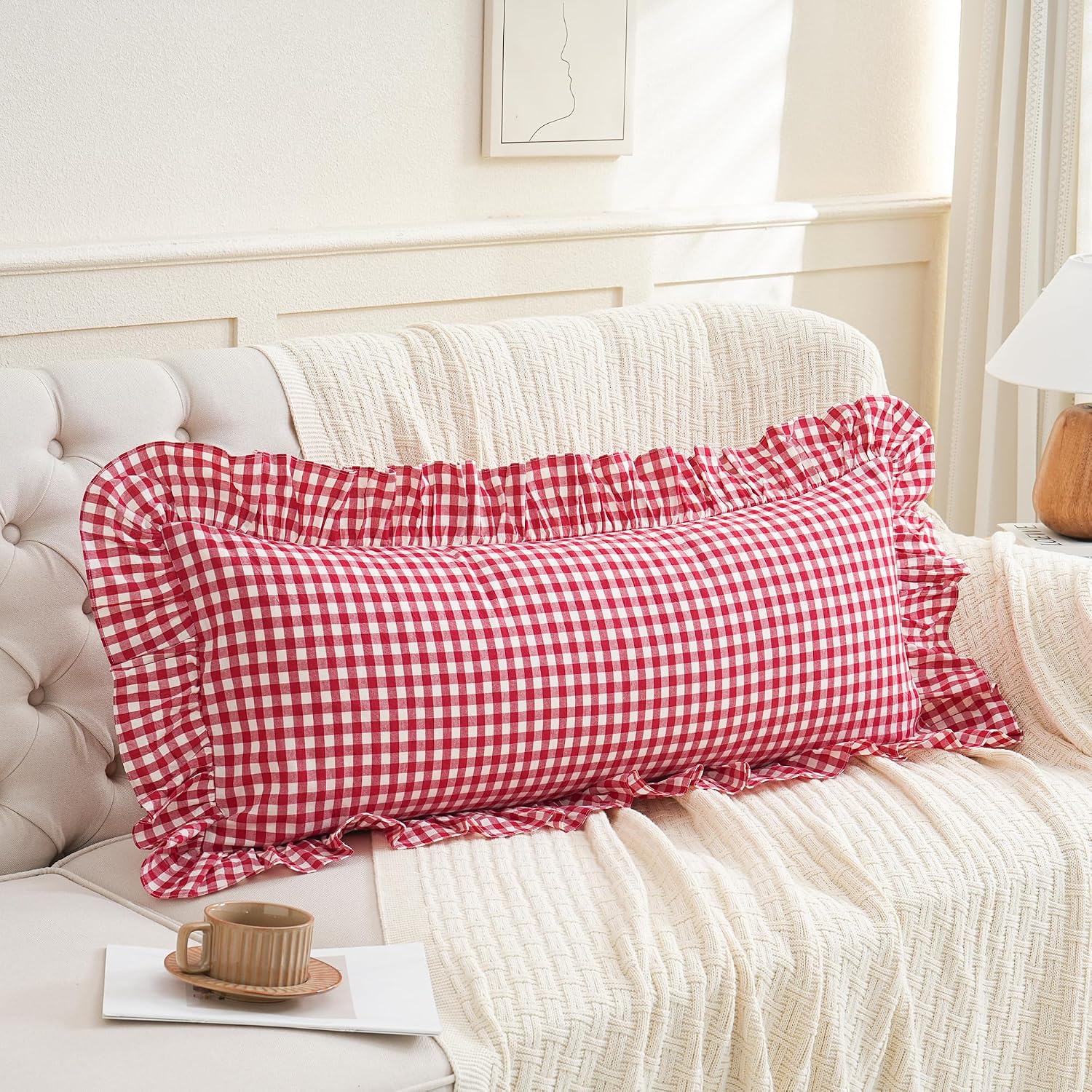 Qilunn 14x36 inches Red/White Plaid Ruffle Lumbar Gingham Pillow Sham 1 Piece, Pure Cotton Decor Pillowcase Farmhouse Pillow Cover for Bedd…