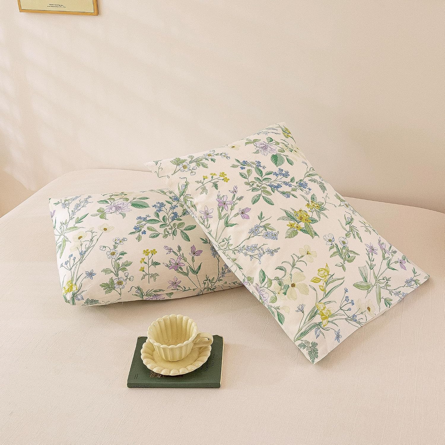 ECOCOTT Floral Pillowcases King Size Set of 2, 100% Washed Cotton Pillow Cases with Envelope Closure, Botanical Wildflower Printed Pillow…