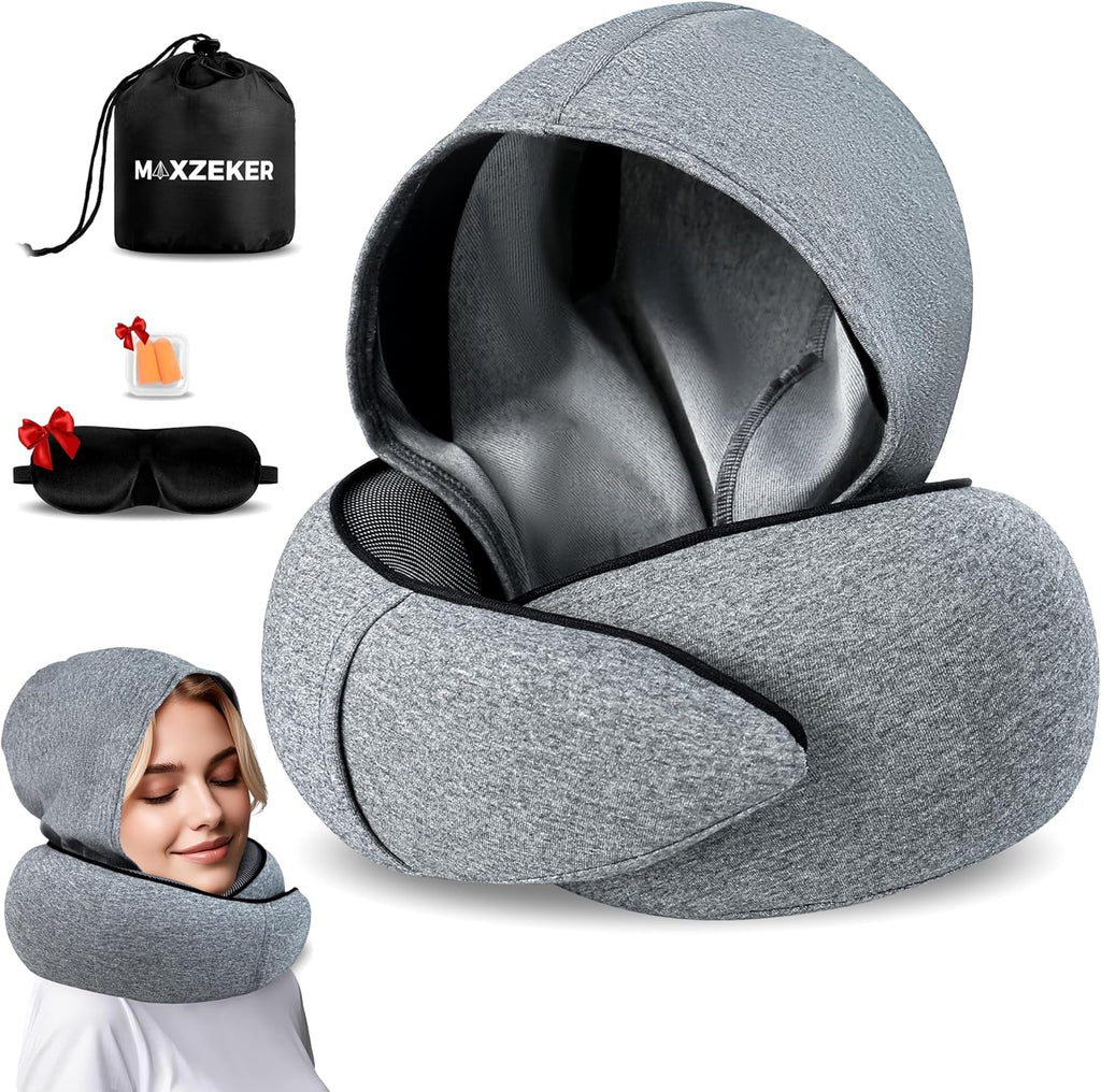 Travel Neck Pillows for Airplanes – Sleep Comfortably on Long Flights, Roadtrips, Home or Office. All-in-One Travel Sleep Kit with Hood…