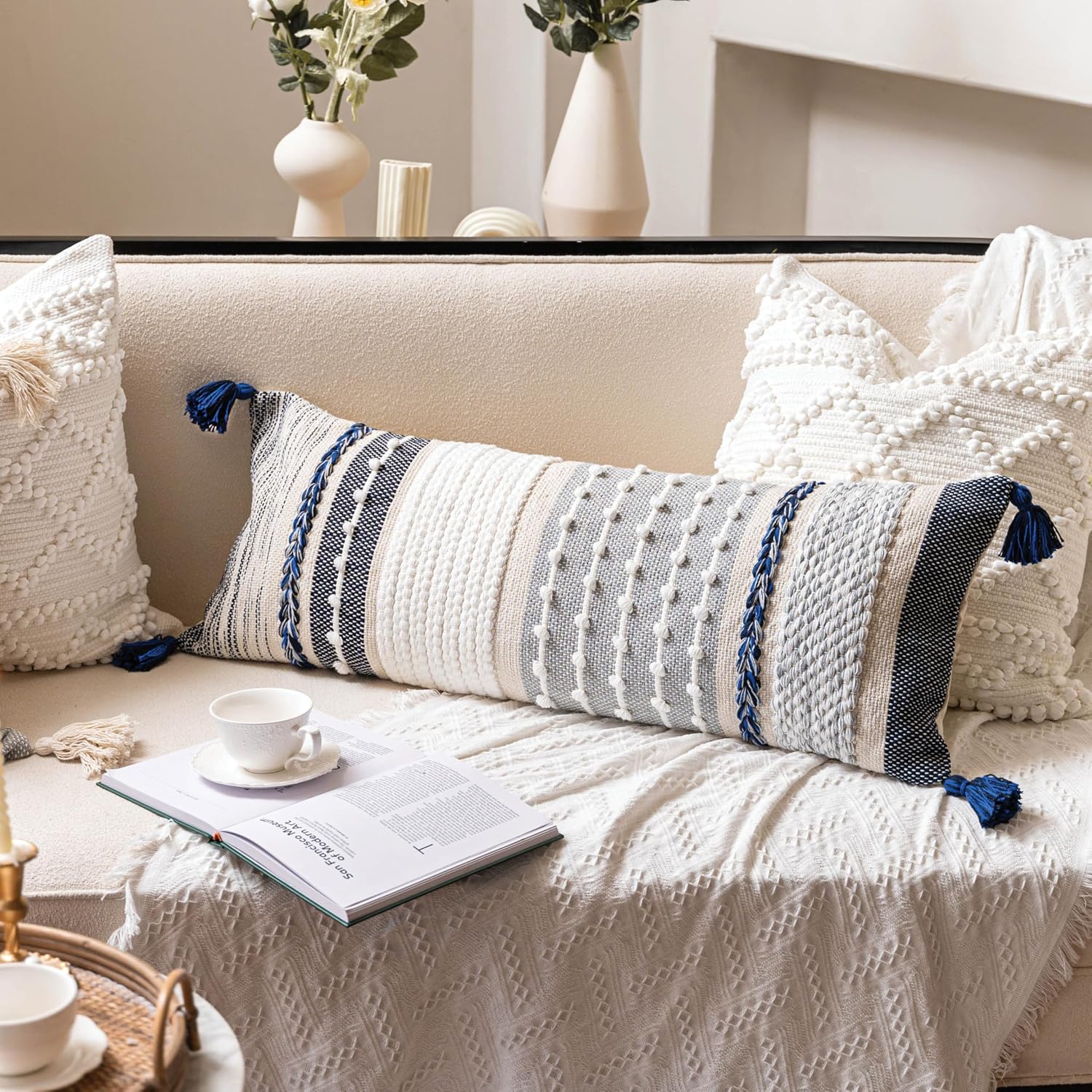 BlissBlush Navy Dark Blue Boho Decorative Lumbar Pillow Cover 14x36, Long Body Pillow for Bed, Accent Lumbar Throw Pillow for Couch…