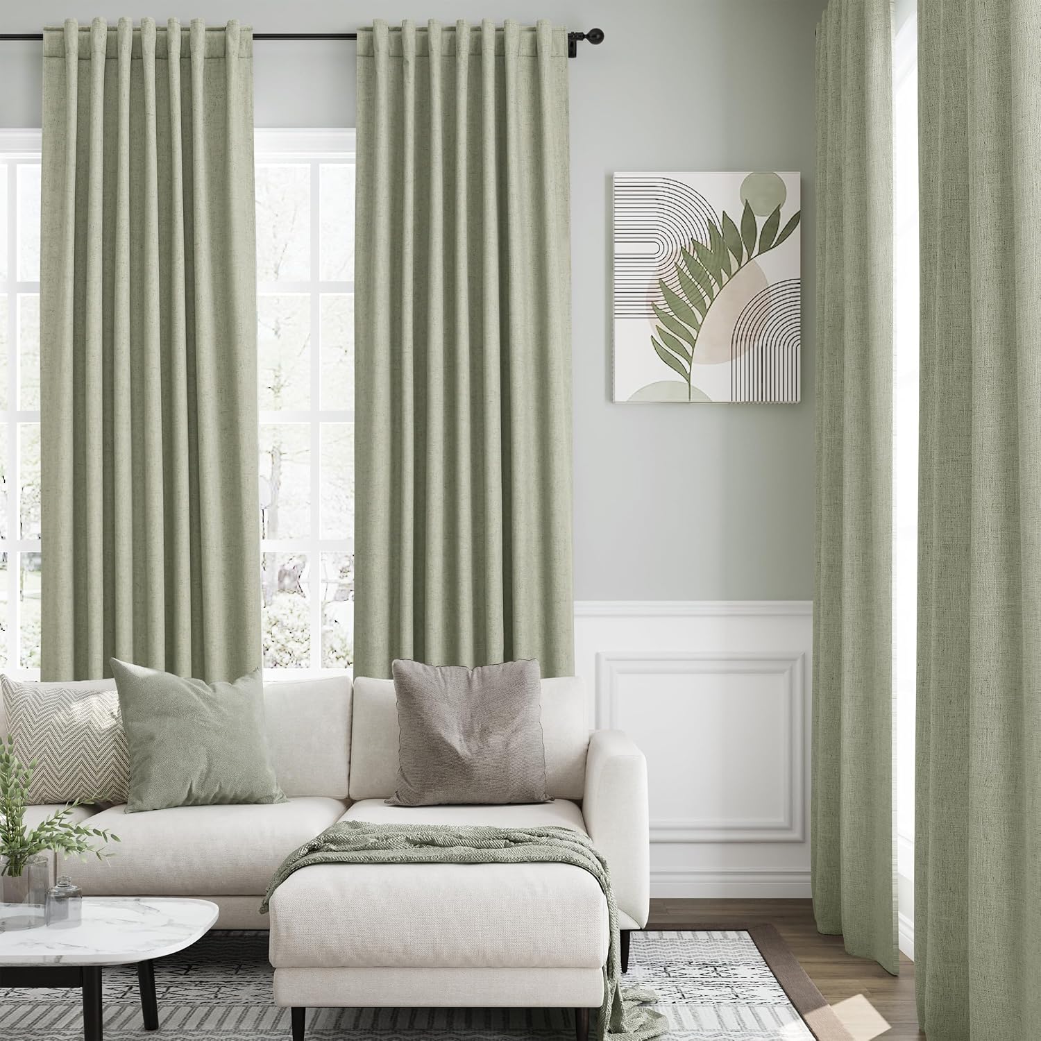 Nanspring Sage Green 100% Blackout Linen Curtains 96 Inches Long for Bedroom Back Tab Thermal Insulated Farmhouse Decor Coastal Black Out C…