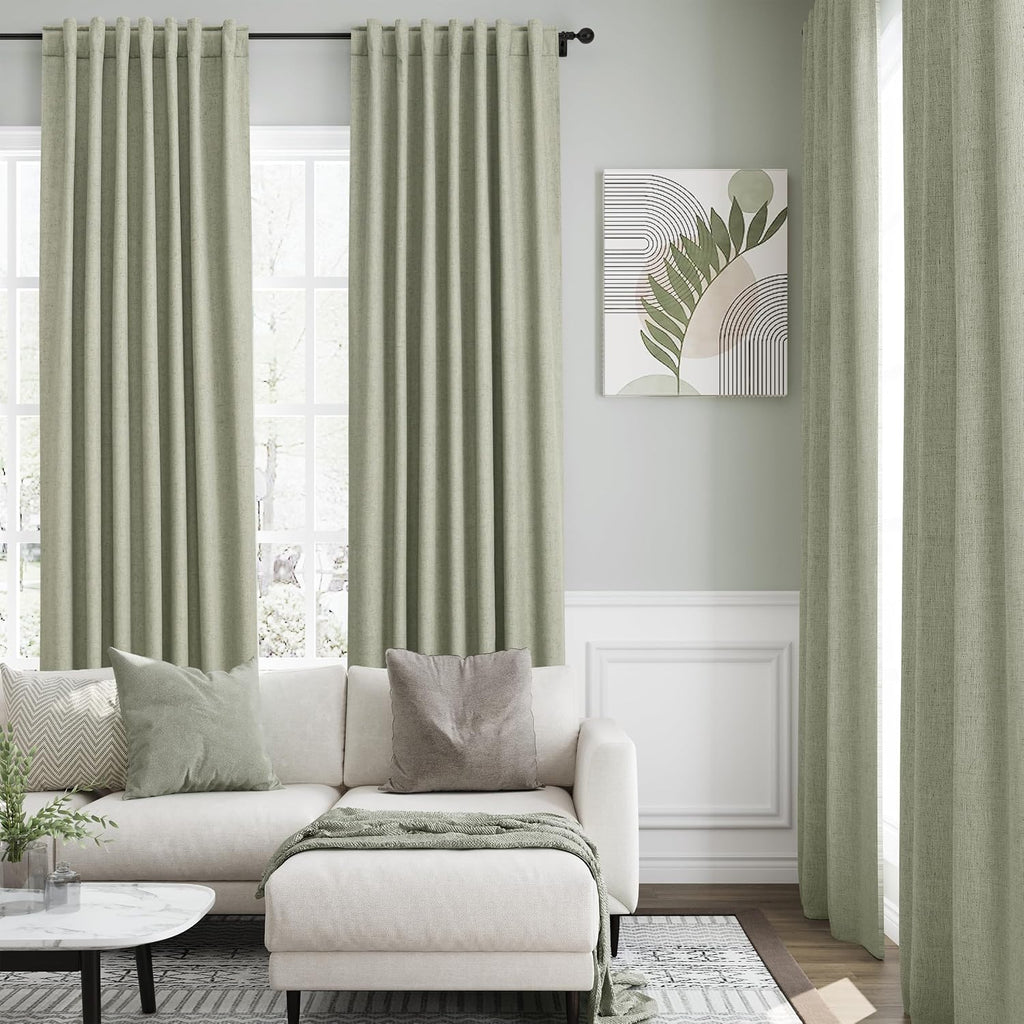 Nanspring Sage Green 100% Blackout Linen Curtains 84 Inch Length 2 Panels Set for Bedroom Back Tab Farmhouse Decor Coastal Black Out Curtai…