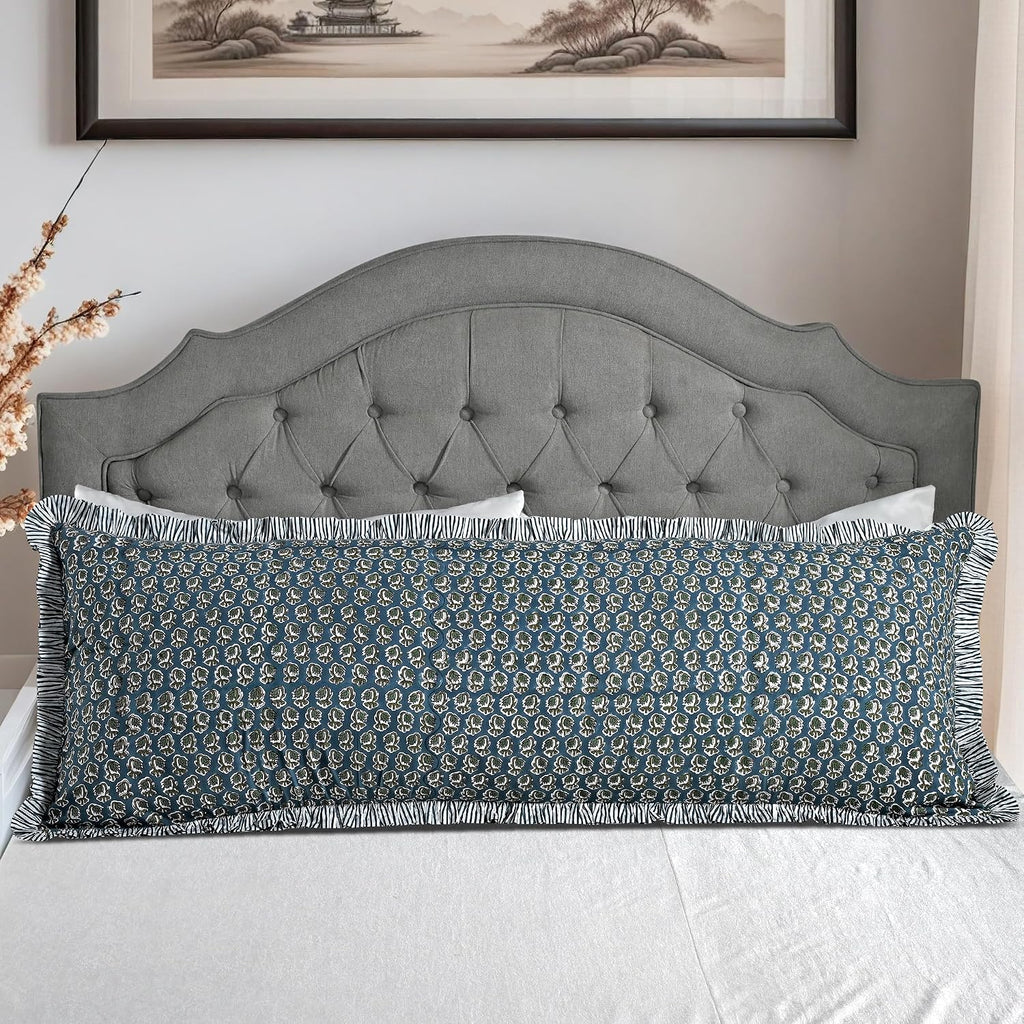 Ridhi Block Print Peacock Blue 54"x20" Set 1-100% Cotton Ruffle Lumbar Sham Cover Boho Floral Pillowcase, Farmhouse Cottagecore Bedding…