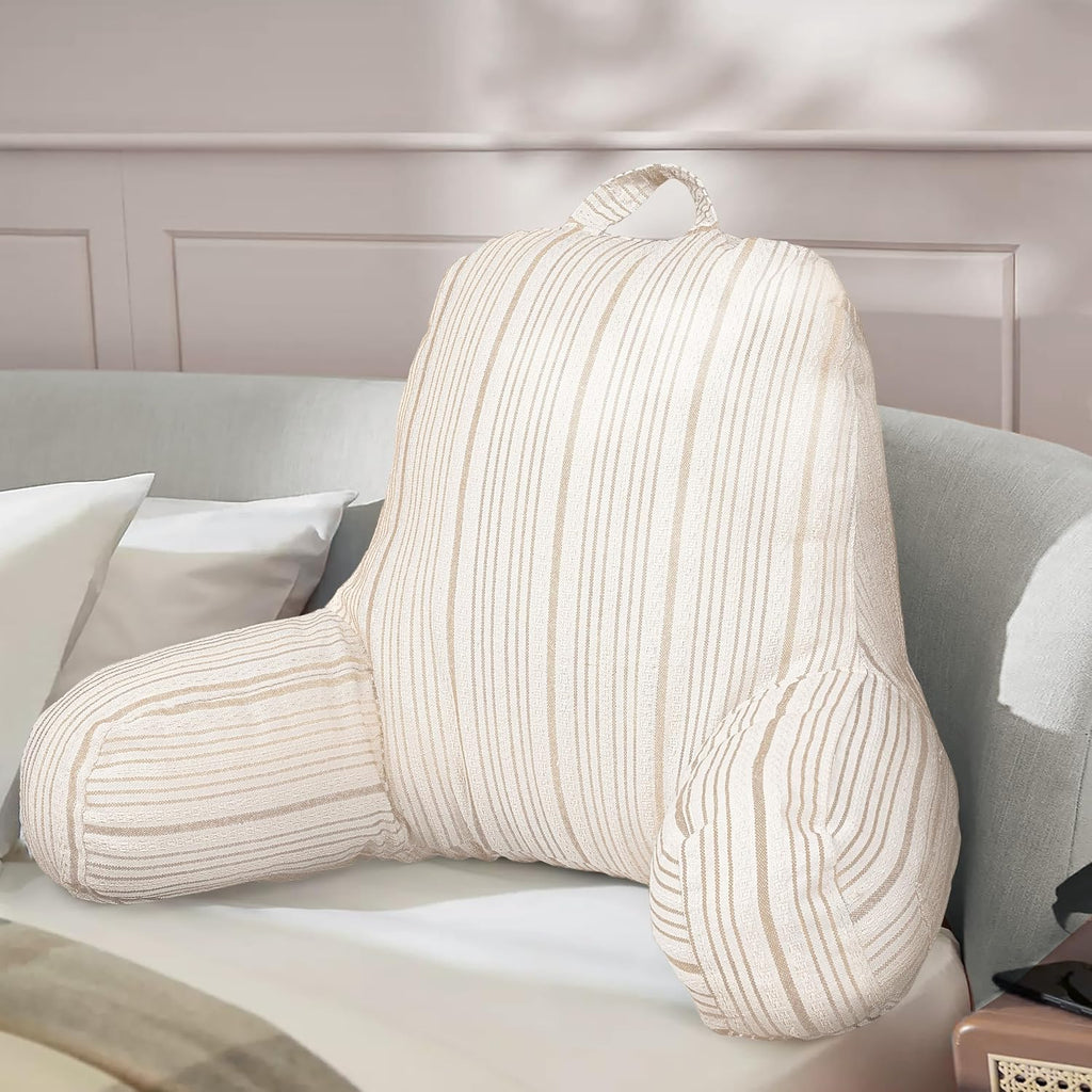 Aels Reading Pillow Replacement Cover (No Insert) with Arms and Pockets, 18" Beige with Light Brown Stripes Textured Backrest Pillow Cover…