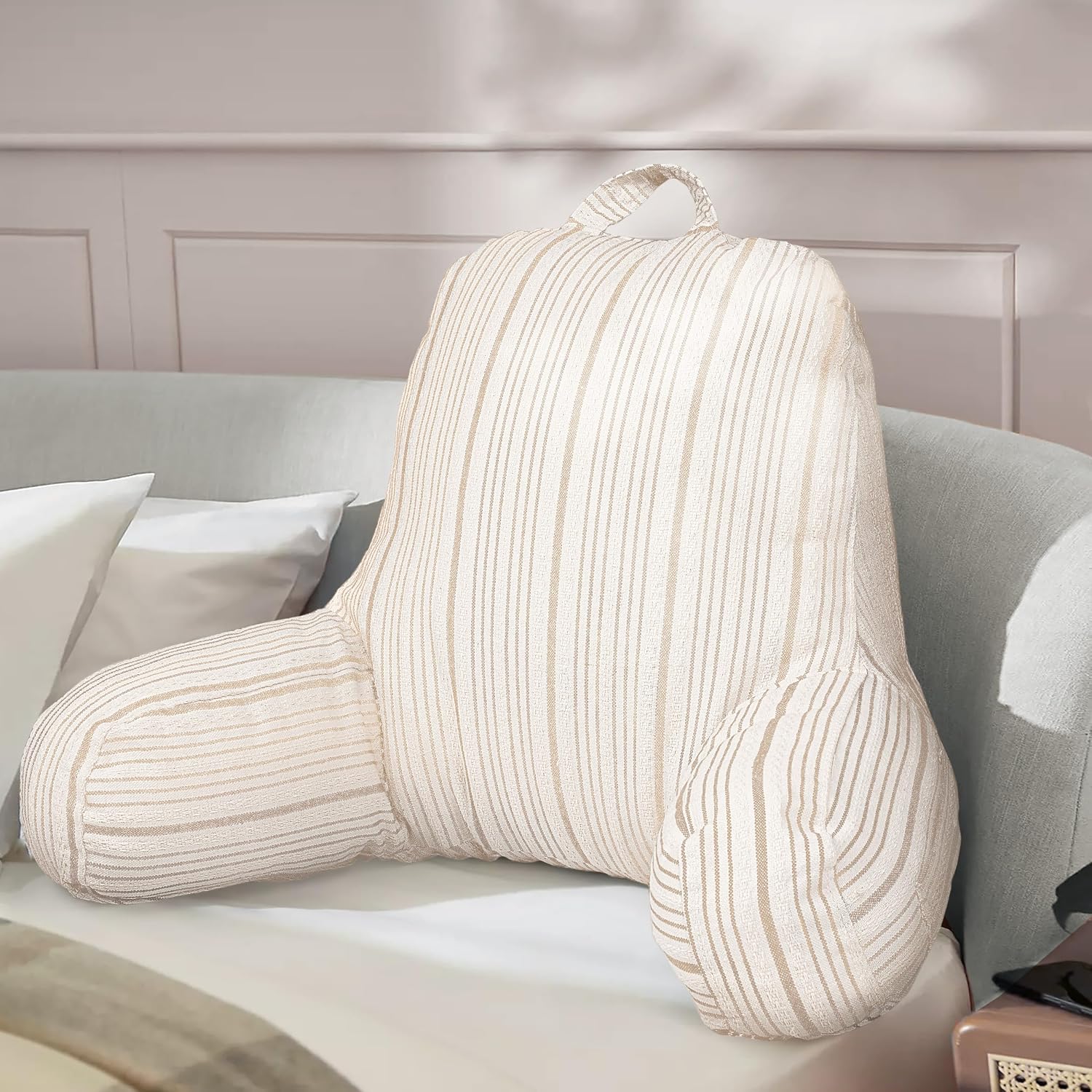 Aels Reading Pillow Replacement Cover (No Insert) with Arms and Pockets, 18" Beige with Light Brown Stripes Textured Backrest Pillow Cover…