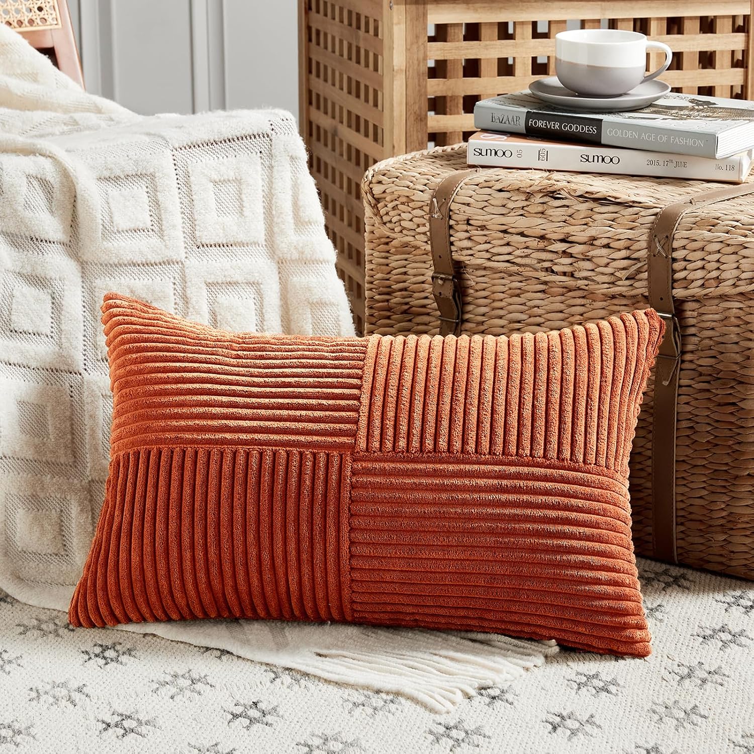 Fancy Homi Set of 2 Burnt Orange Lumbar Decorative Throw Pillow Covers 14x22 Inch for Living Room Couch Bed, Boho Farmhouse Fall Home…