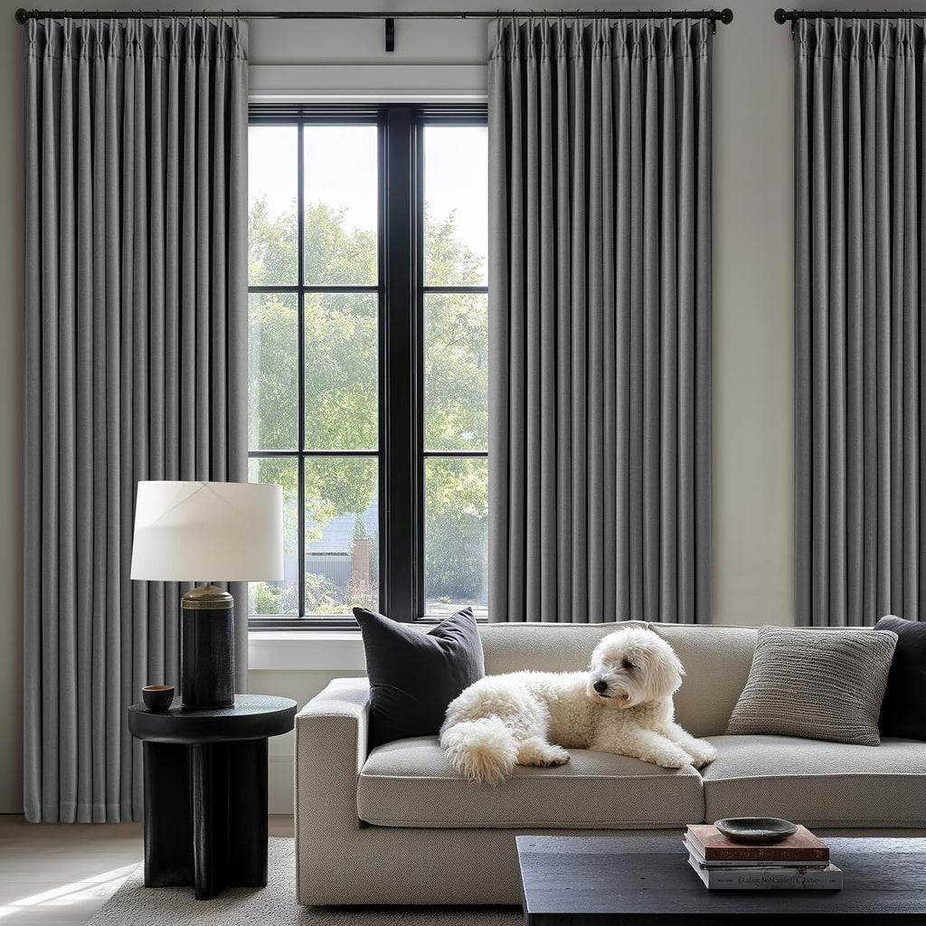 Twodrapes Grey 96 Inch Blackout Pinch Pleated Curtains 2 Panel Set for Living Room Darkening Thick Linen Textured 100% Black Out Drapes 96…