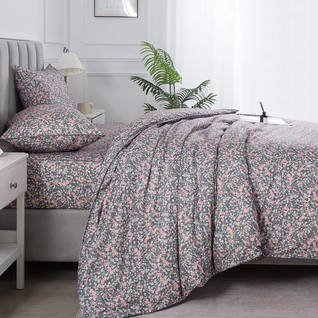 Puralens Dark Grey Vintage Floral Duvet Cover, King 100% Cotton Percale Pink Flower Comforter Cover Set, Shabby Chic Reversible Toile Bed C…