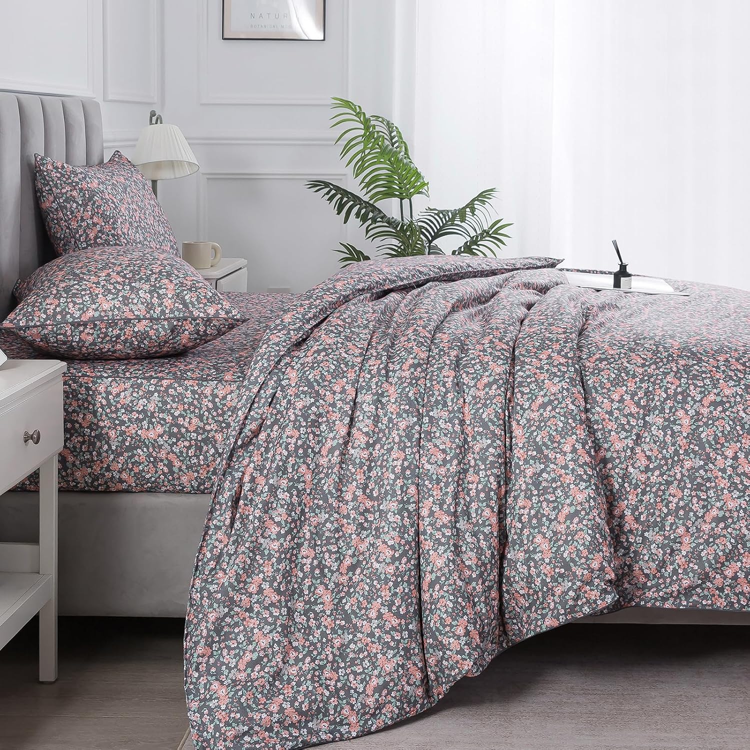 Puralens Dark Grey Vintage Floral Duvet Cover, King 100% Cotton Percale Pink Flower Comforter Cover Set, Shabby Chic Reversible Toile Bed C…