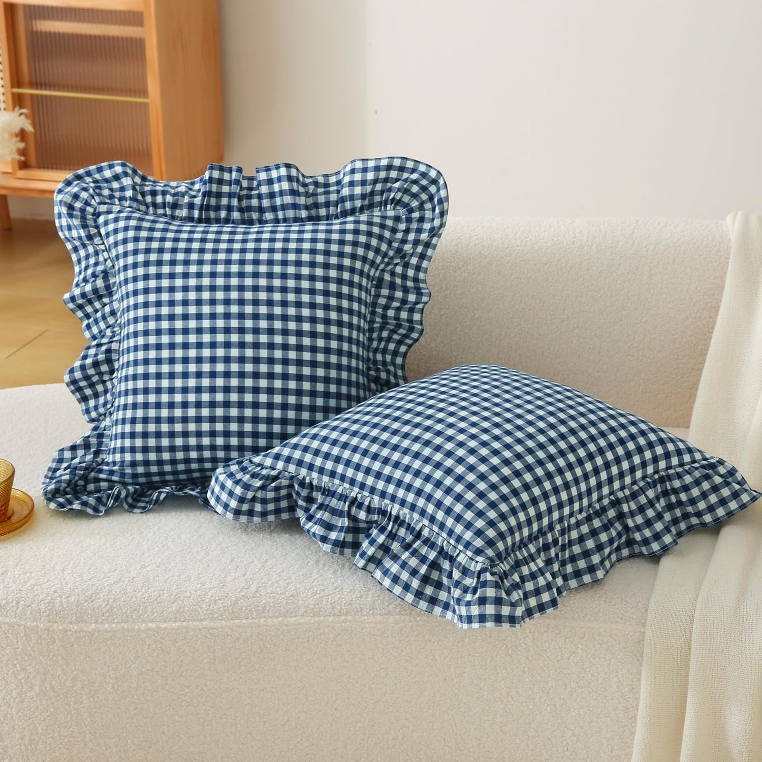 Jilboo 2 Pack 18 x18 inches Navy Blue/White Checkered Throw Pillow Covers 100% Washed Cotton Vintage Ruffle Trim Decorative Gingham Pillowc…
