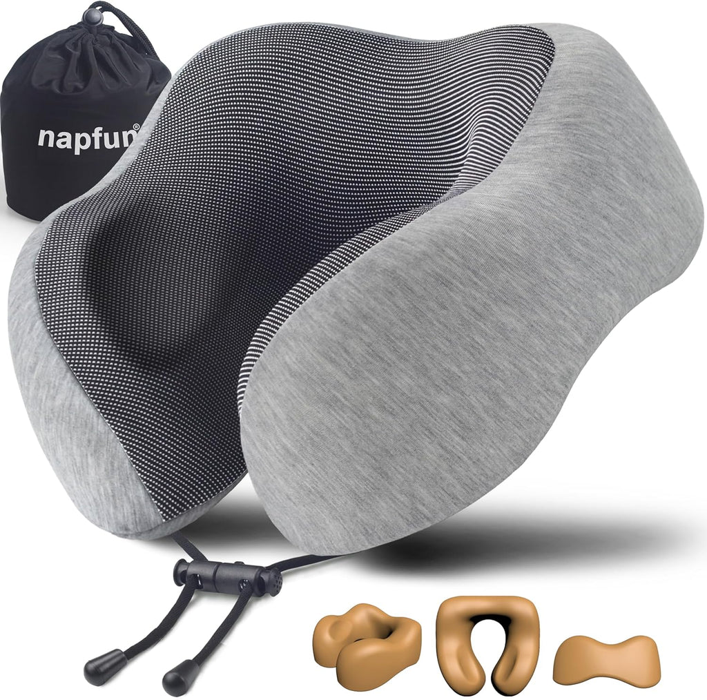 napfun Neck Pillow for Traveling, Upgraded Travel Neck Pillow for Airplane 100% Pure Memory Foam Travel Pillow for Flight Headrest Sleep…