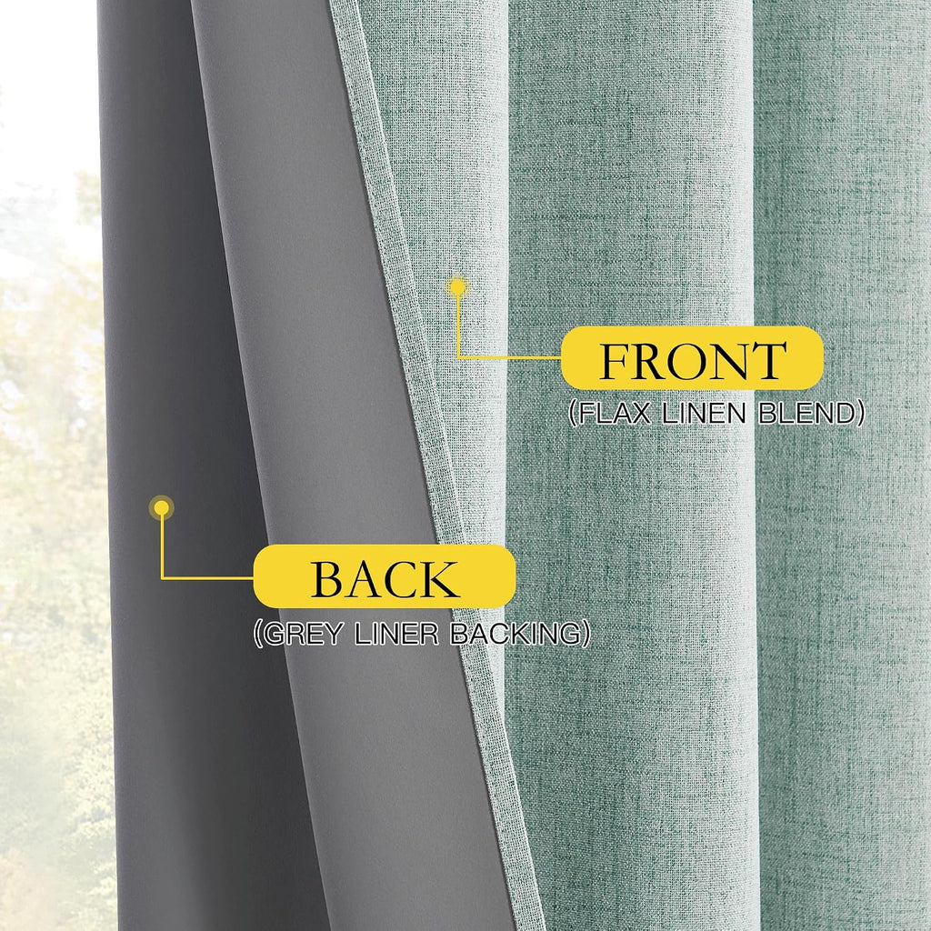 NICETOWN 100% Absolutely Blackout Linen Curtains with Thermal Insulated Grey Liner, Seafoam Green, 52 inches Wide, 63 inches Length…