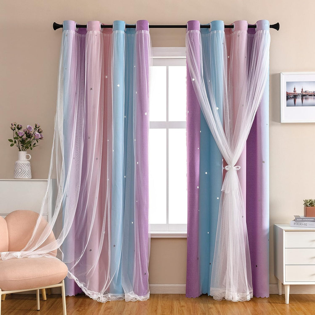 Addsomecolortolife XiDi Dream Star Blackout Curtains for Kids Rooms Girl Princess Curtain for Daughter Bedroom 84 inches Long (Pink Purple,…