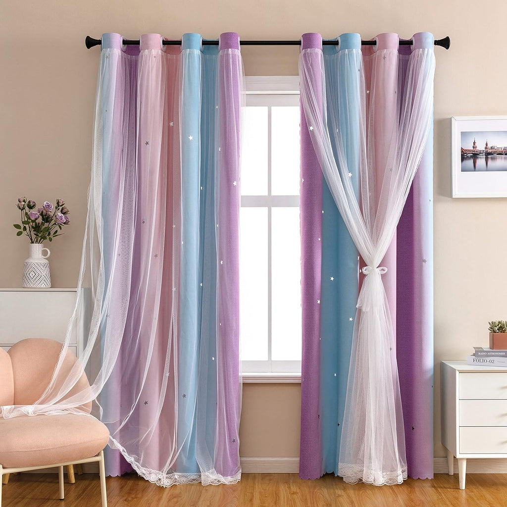Addsomecolortolife XiDi Dream Star Blackout Curtains for Kids Rooms Girl Princess Curtain for Daughter Bedroom Window (Pink Purple, W52 X L…