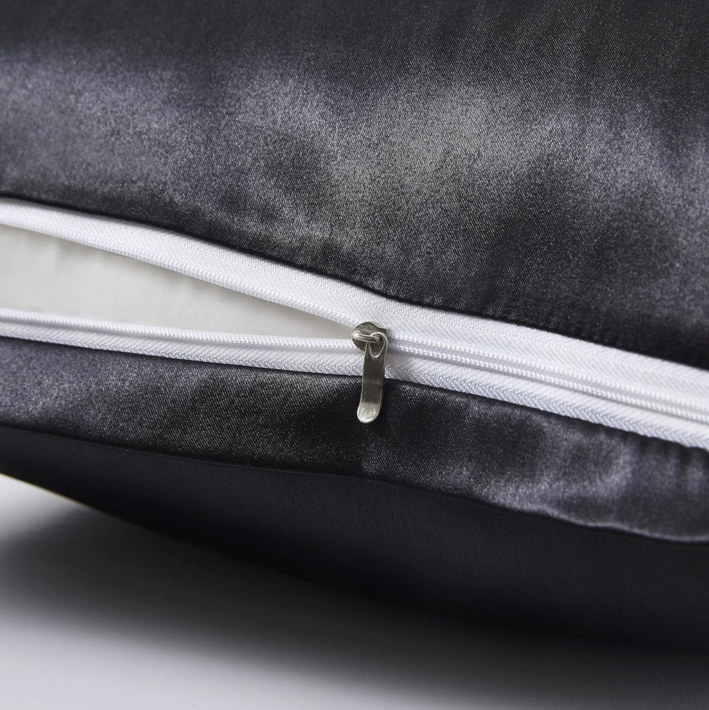 HommxJF Satin Pillowcases with Zipper (20x26), Standard Size Pillowcases Set of 2, Black Silk Pillowcase for Hair and Skin Black