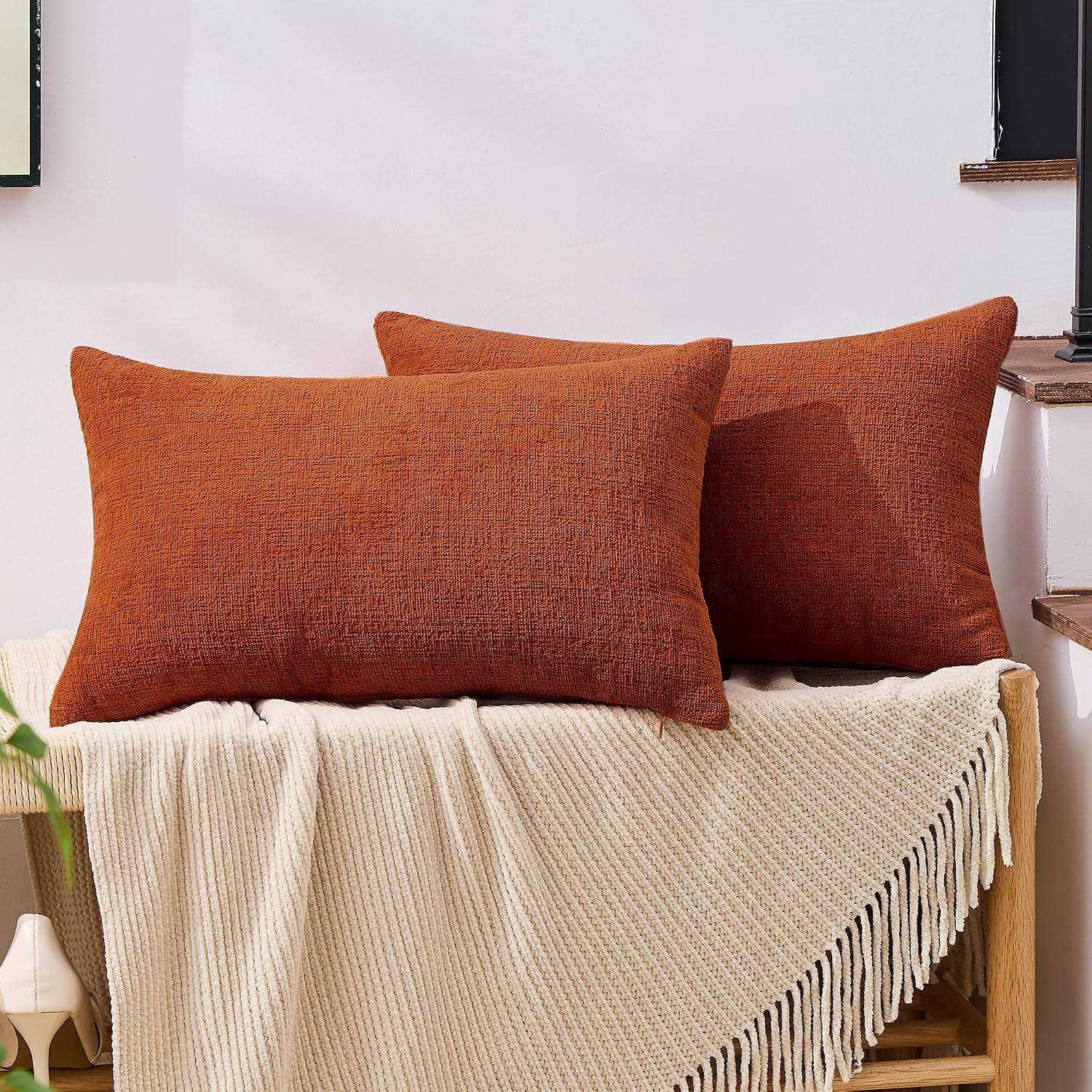 Gawamay Set of 2 Decorative Lumbar Soft Chenille Throw Pillow Covers 12x20 Inch (30x50 CM), Boho Farmhouse Cushion Cases, Couch Pillow Cove…