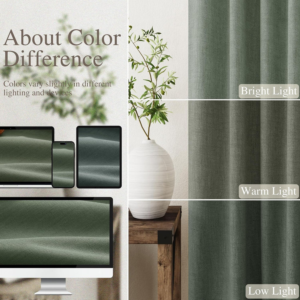 Nanspring Olive Green 100% Blackout Linen Curtains 96 Inches Long for Bedroom Back Tab Thermal Insulated Modern Farmhouse Decor Curtain for…