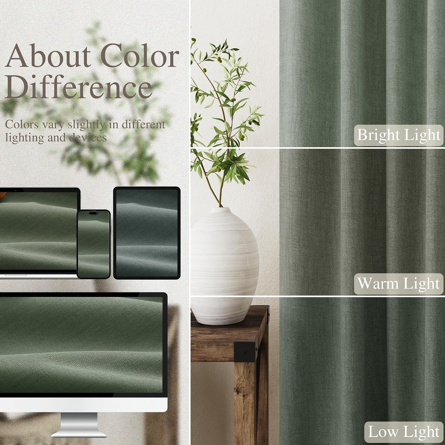 Nanspring Olive Green 100% Blackout Linen Curtains for Bedroom 90 Inches Long Back Tab Thermal Insulated Modern Farmhouse Decor Black Out C…