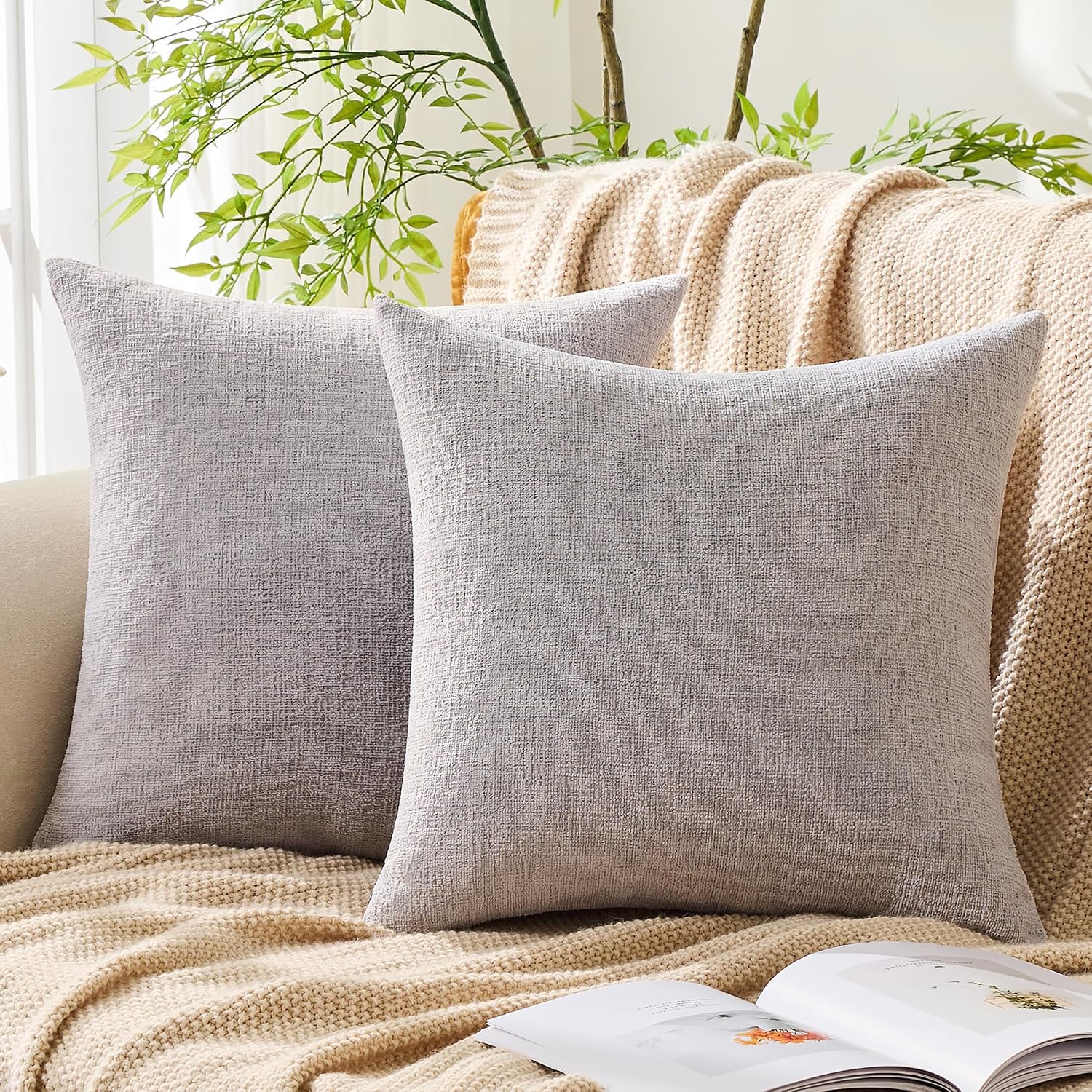 Gawamay Set of 2 Soft Textured Chenille Throw Pillow Covers 18x18 Inch (45x45 CM), Decorative Pillowcases Cushion Covers for Farmhouse Home…