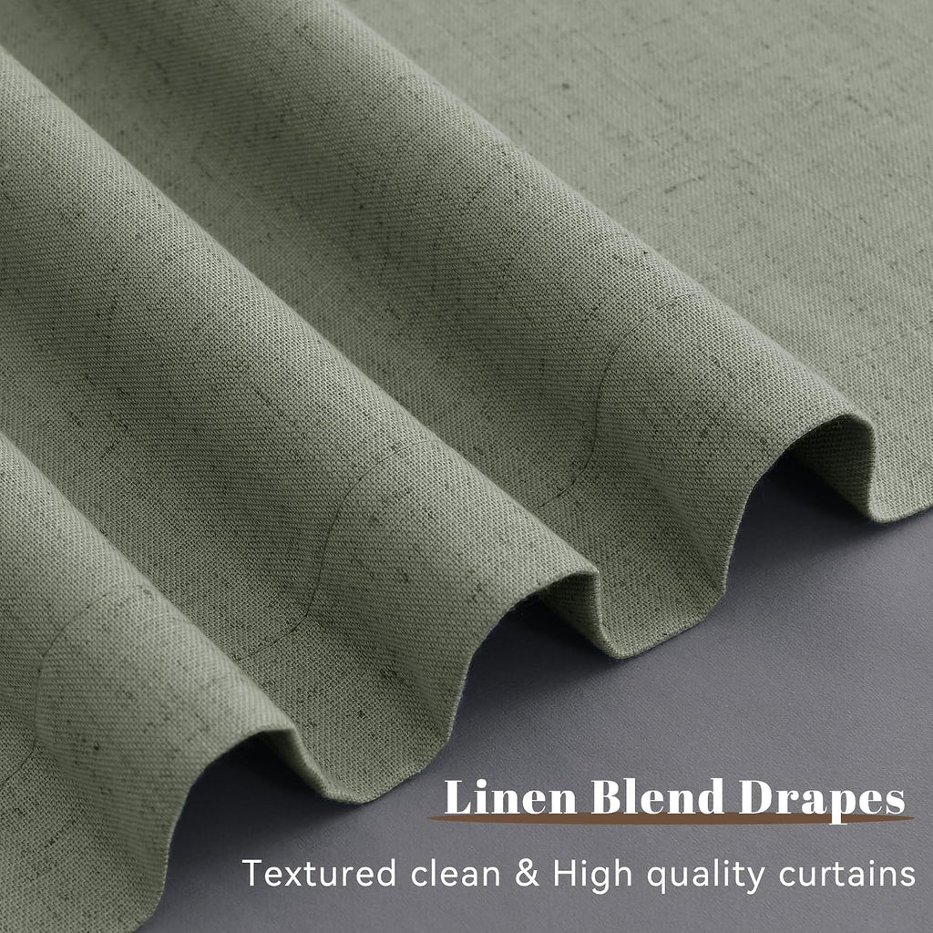 Guken Sage Green Linen 100% Blackout Curtains 90 Inches Long for Bedroom Back Tab Elegant Country Farmhouse Black Out Room Darkening Therma…