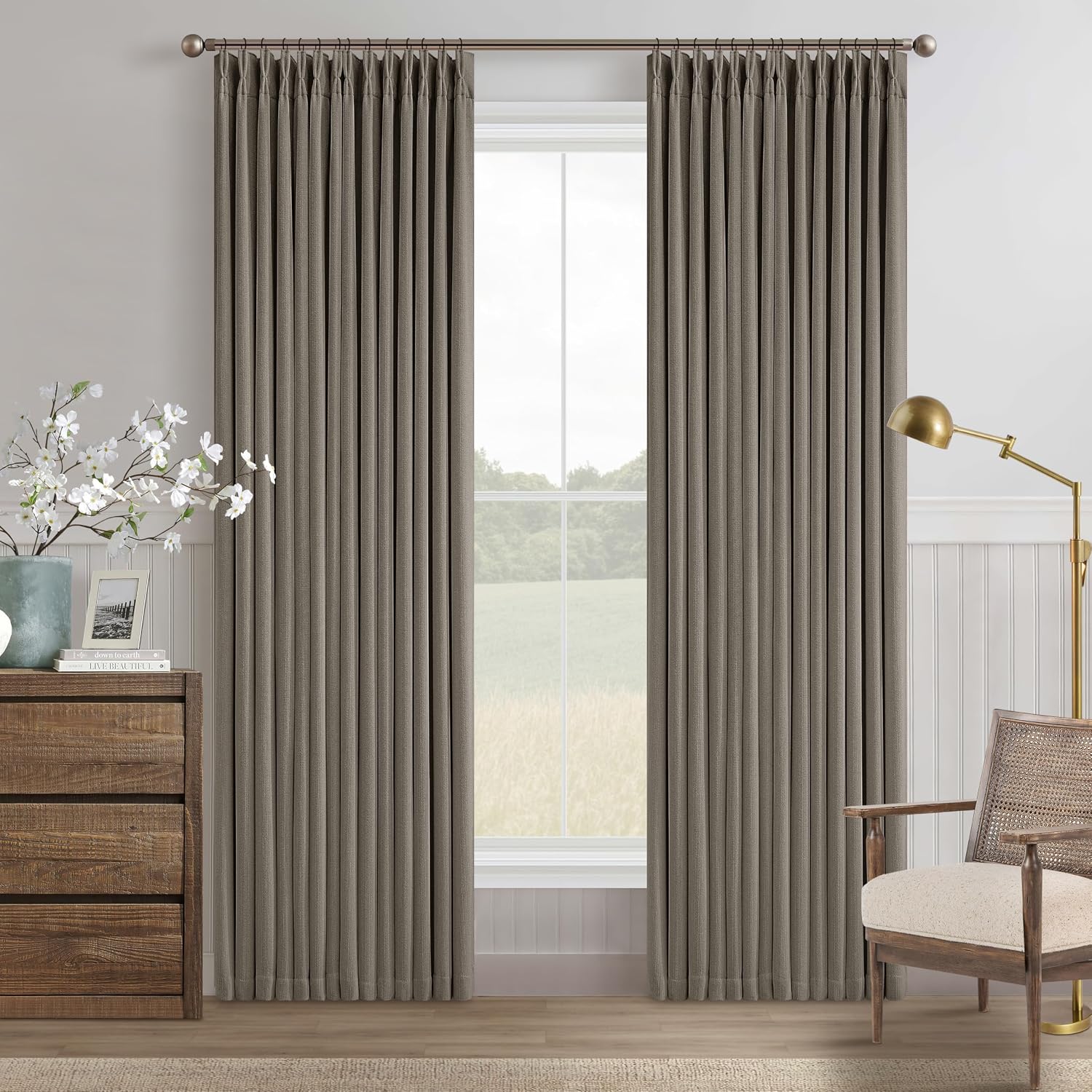 Twodrapes Taupe Grey Pleated Linen Blackout Curtains 80 Inches Long for Bedroom Living Room Pinch Pleat Black Out Thermal Insulated Ring Ho…