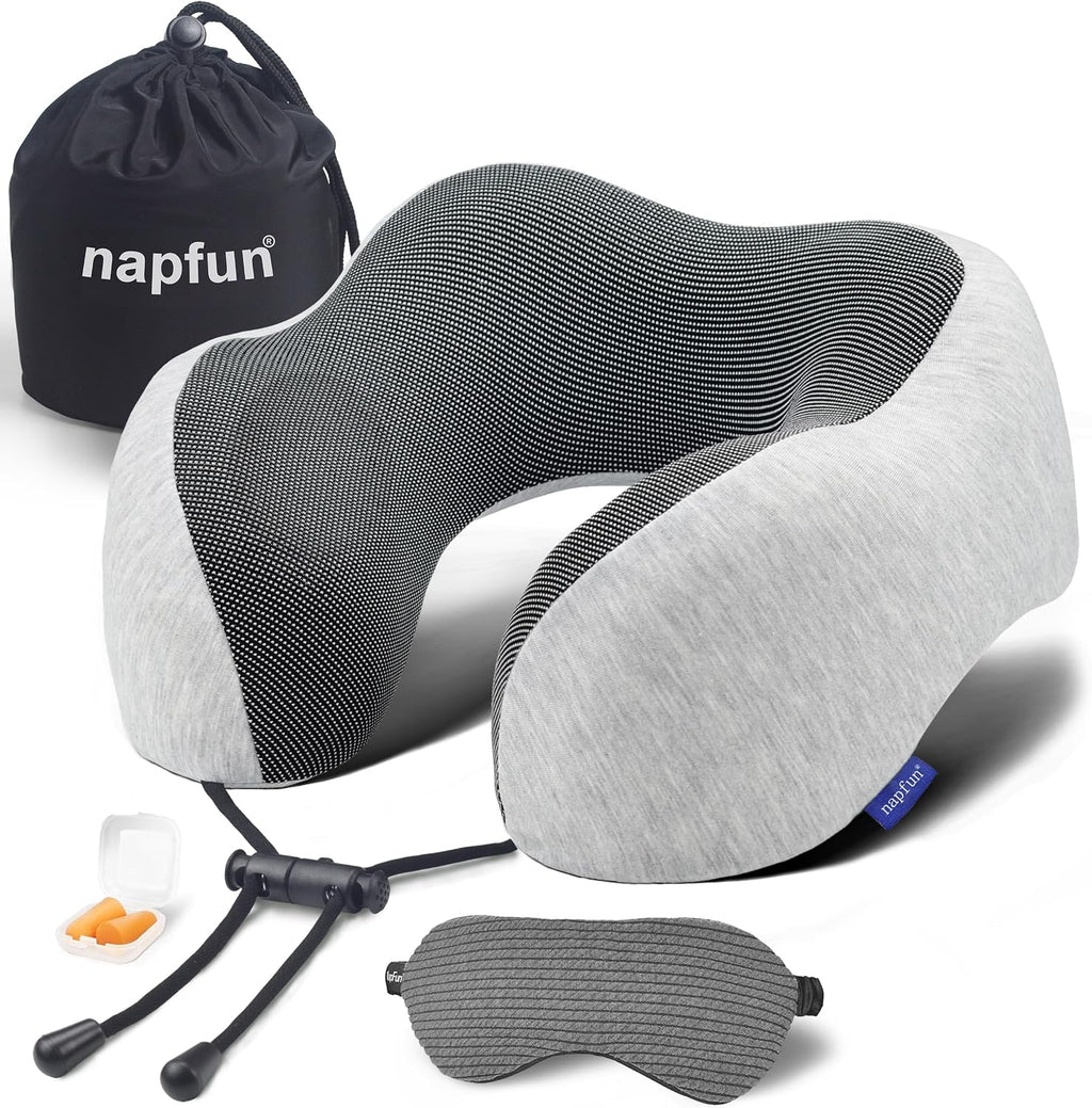 napfun Neck Pillow for Travel with Travel Pouch, Sleep Mask & Earplugs, Memory Foam Airplane Pillow for Headrest Sleep with Eyeshades…