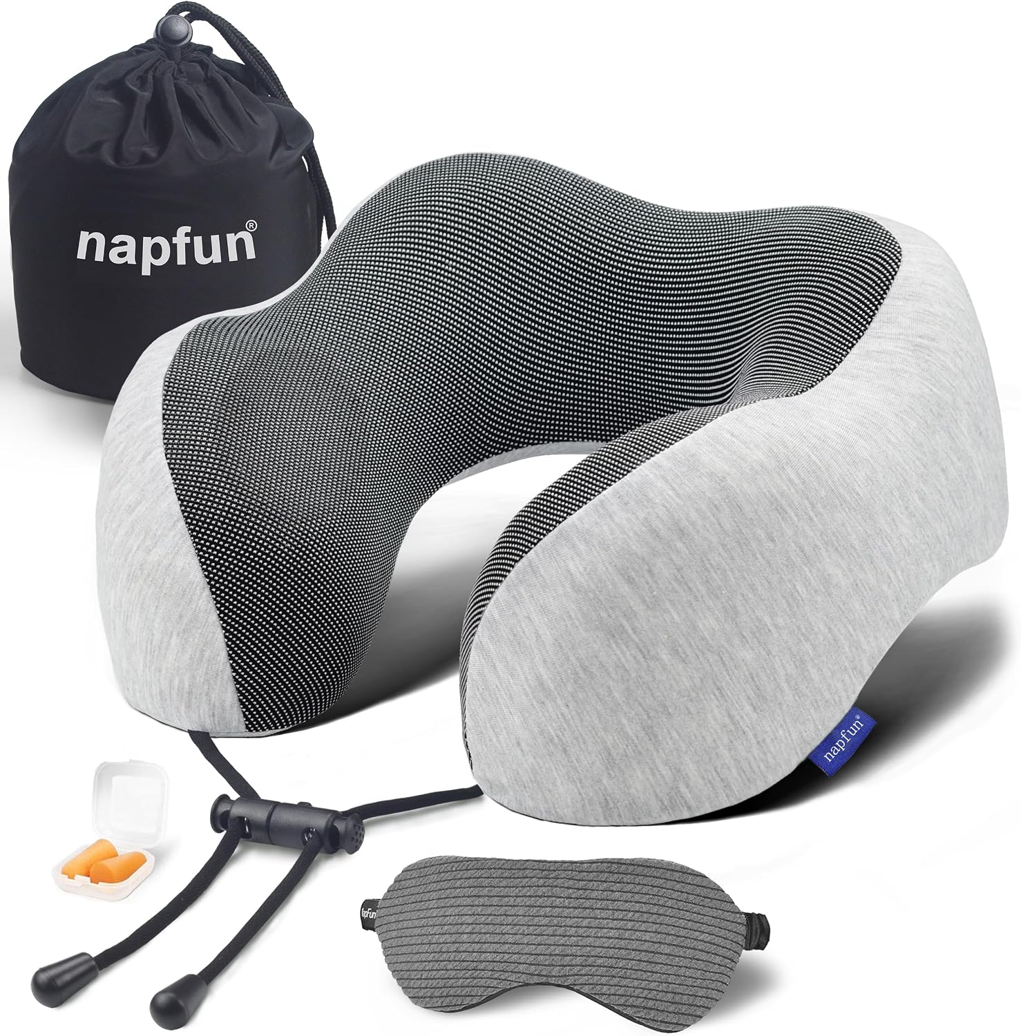 napfun Neck Pillow for Travel with Travel Pouch, Sleep Mask & Earplugs, Memory Foam Airplane Pillow for Headrest Sleep with Eyeshades…