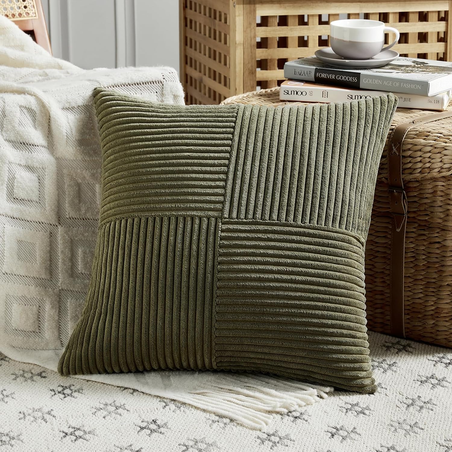 Fancy Homi 2 Packs Olive Green Euro Decorative Throw Pillow Covers 28x28 Inch Room Couch Bed, Rustic Farmhouse Boho Home Decor, Soft…