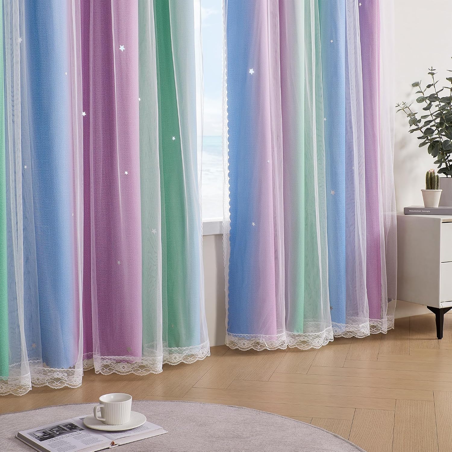 Addsomecolortolife XiDi Blackout Curtains for Girls Kids Bedroom - Blue Purple Green Rainbow Unicorn Design, 34x63 Inch 1 Panel 1.6 inch Bl…