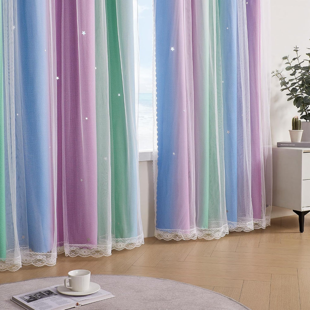 Addsomecolortolife XiDi Blue & Rainbow Curtains for Bedroom & Kids Room - Blackout, Unicorn Wall Decals, 52X84 Inch Long, 1 Panel 1.6 inch…