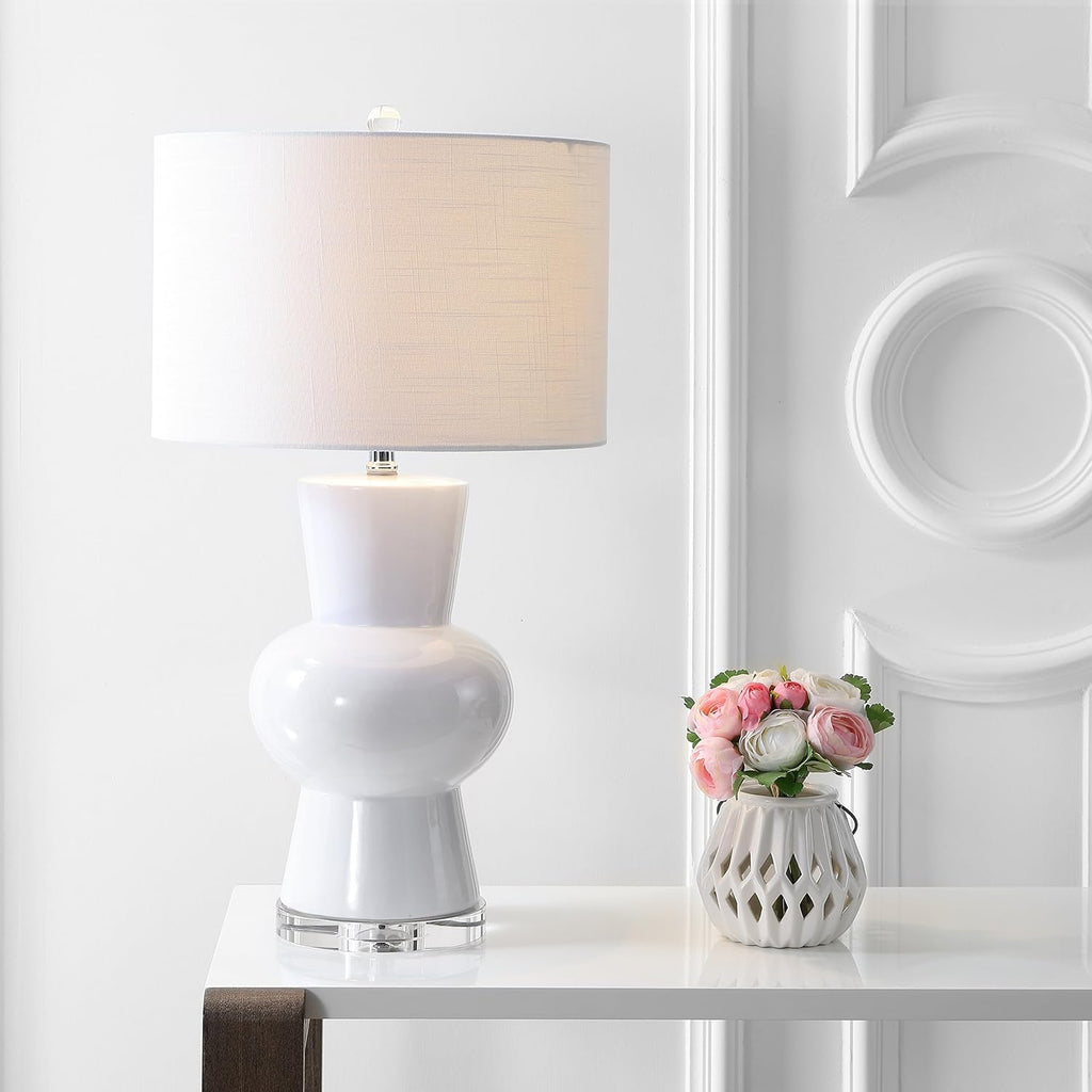 JONATHAN Y 28.5" White Ceramic Table Lamp for Living Room Bedroom Nightstand, Modern Hourglass LED Bedside Lamp with Crystal Base and…
