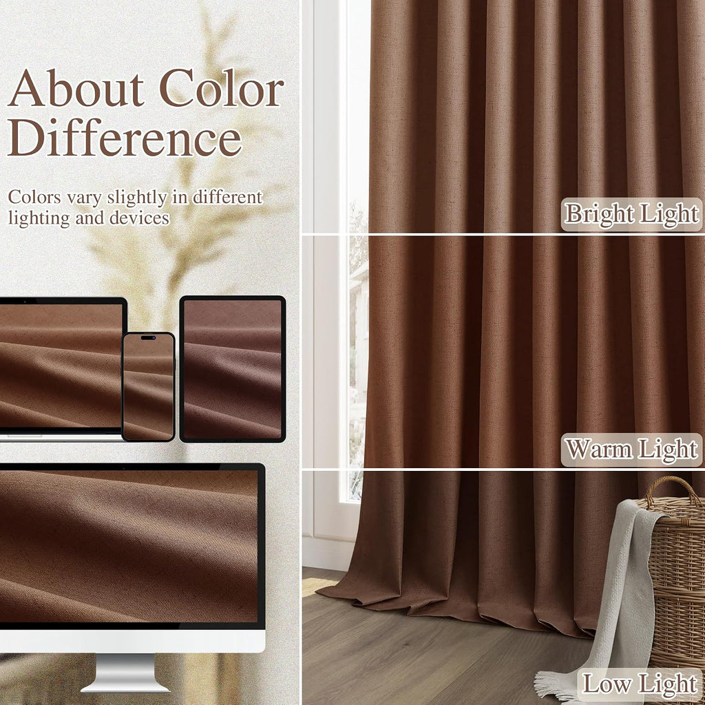 Guken Rustic Brown 100% Blackout Linen Curtains 108 Inch Length 2 Panels Set for Living Room Bedroom Back Tab Thermal Insulated Black Out D…