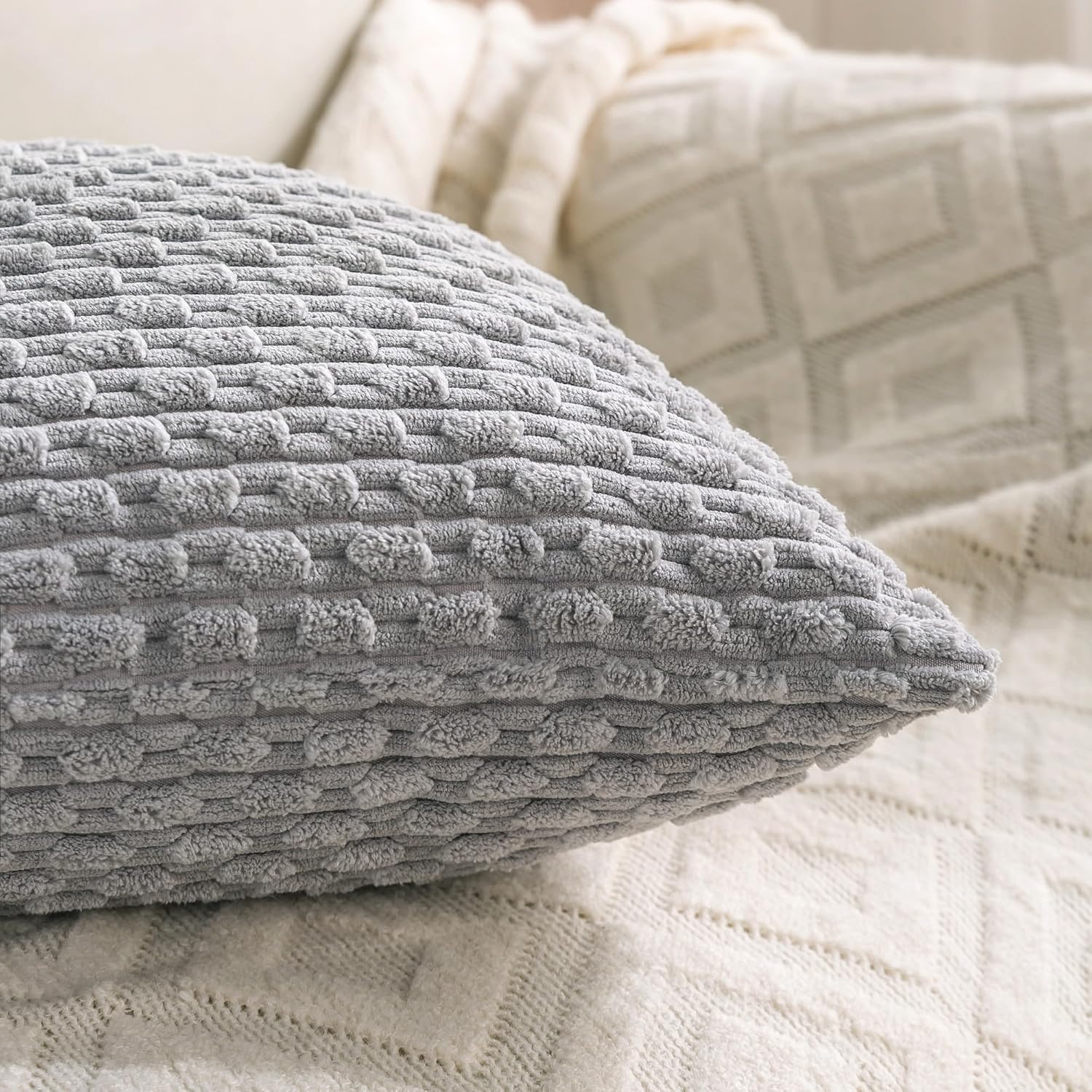 Cozoomy Set of 4 Grey Decorative Throw Pillow Covers 16x16 Inch Corduroy Pillow Covers for Bed Couch Sofa Living Room Soft Square Cushion C…