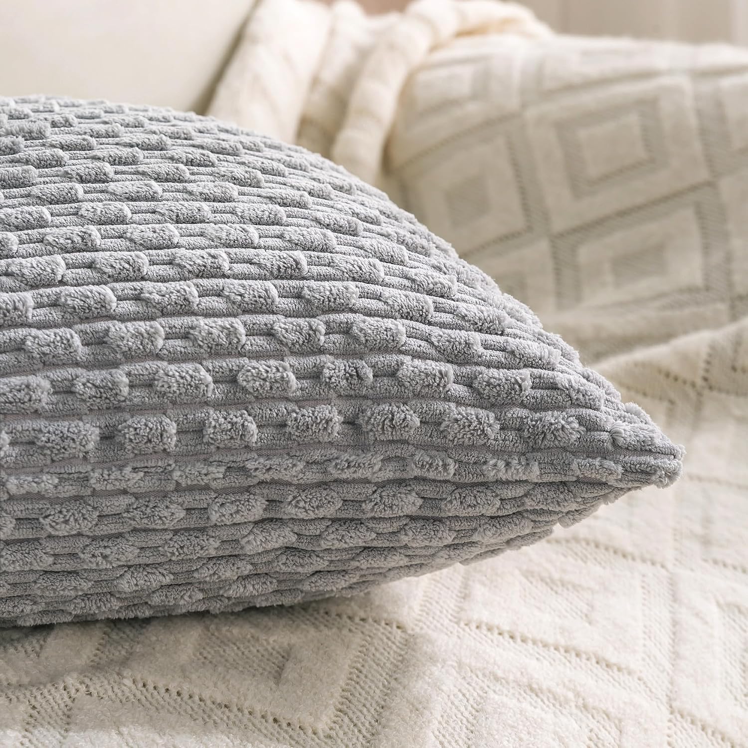 Cozoomy Set of 4 Grey Decorative Throw Pillow Covers 12x20 Inch Corduroy Pillow Covers for Bed Couch Sofa Living Room Soft Cushion Cases 20…