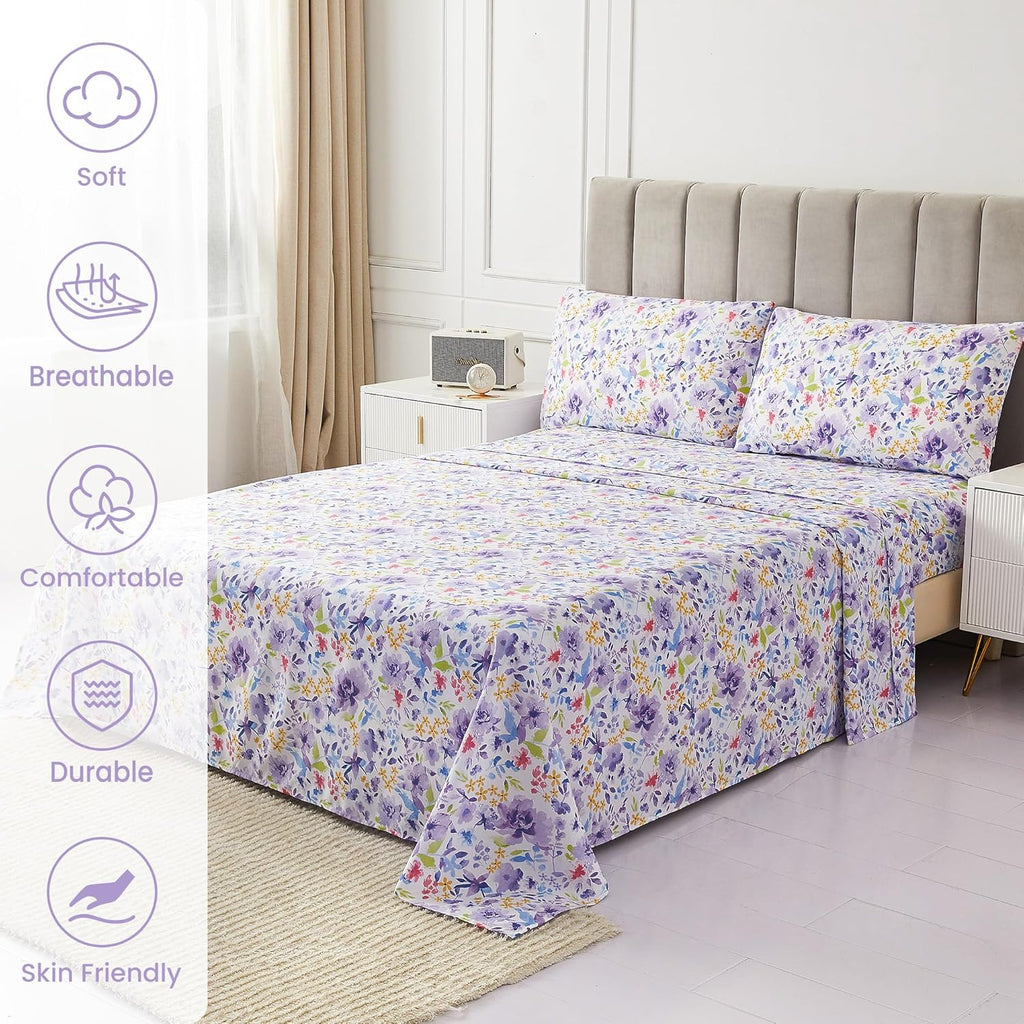 mooreeke Floral Queen Sheets, Soft Breathable Microfiber Vintage Printed Bed Sheet Set, Deep Pocket Non-Slip Fitted Sheet Included, Purple…