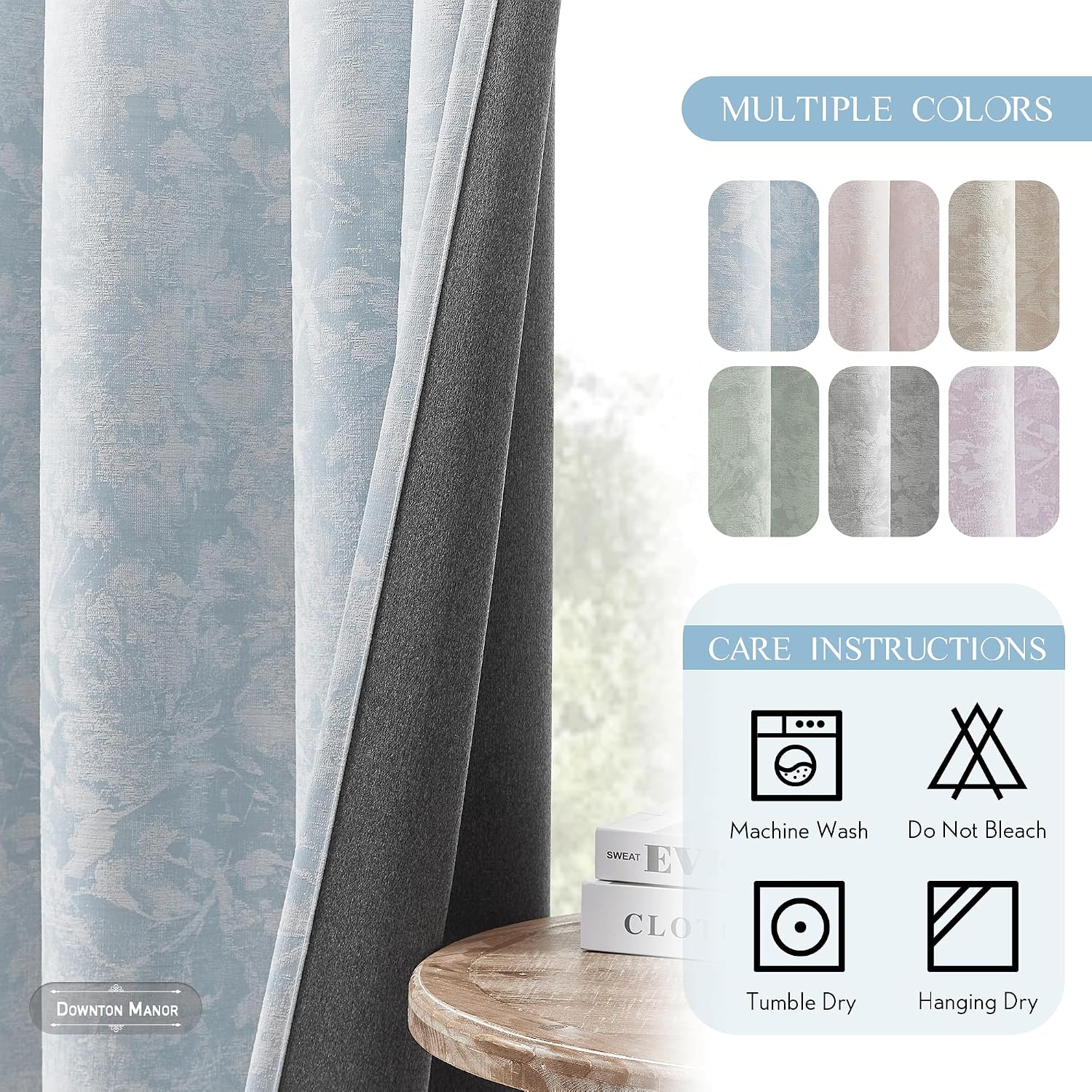Beauoop Blue Floral Jacquard Blackout Curtains 63 Inches Long 2 Panels for Bedroom Living Room Chenille Flower Room Darkening Thermal…