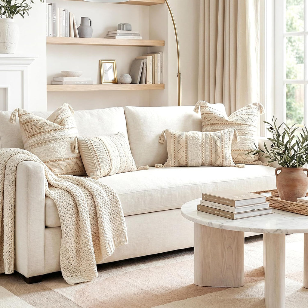BlissBlush Decorative Throw Pillow Covers 20x20 Combo Set of 2 Square Cream Neutral White Boho Accent Pillowcase Tassels Farmhouse…