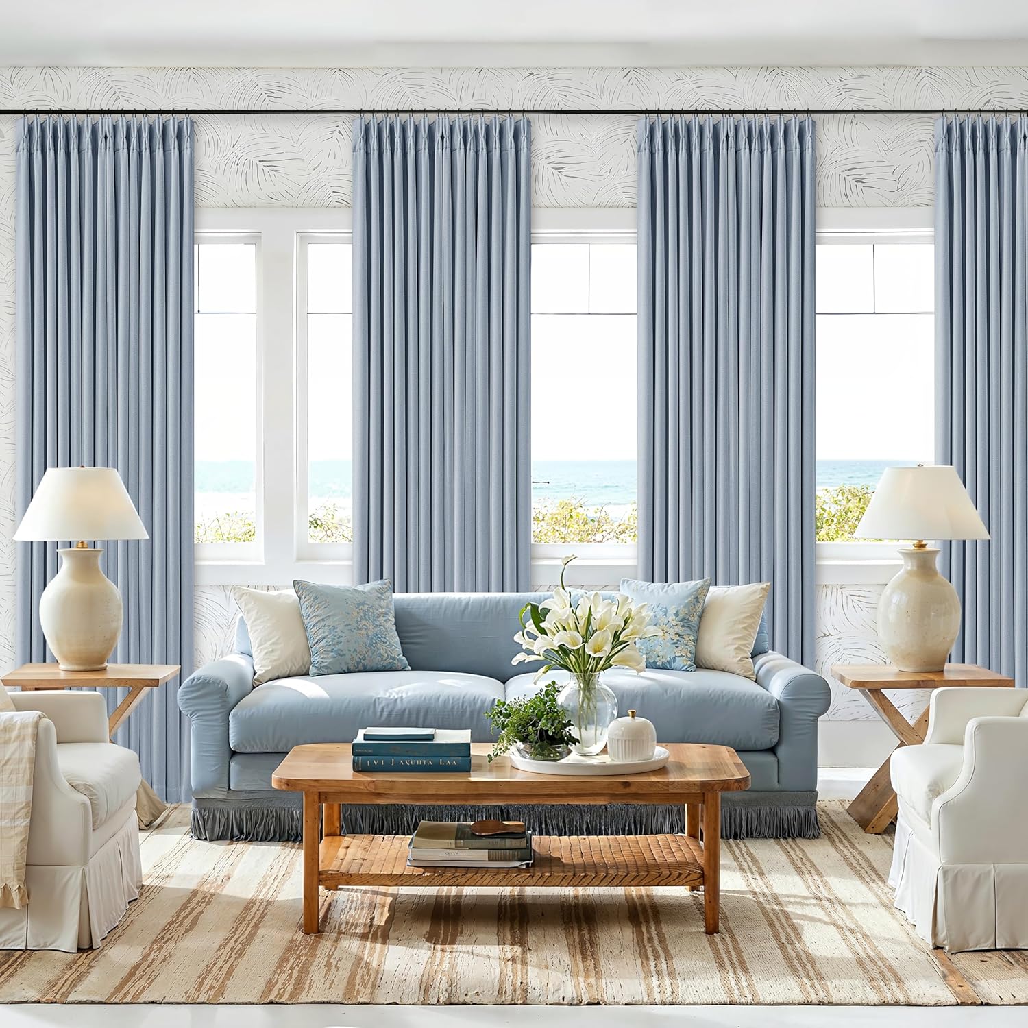 Twodrapes Light Blue Linen Blackout Pleated Curtains 90 Inches Long for Living Room Darkening Pinch Pleat 100% Black Out Drapes Thermal Ins…