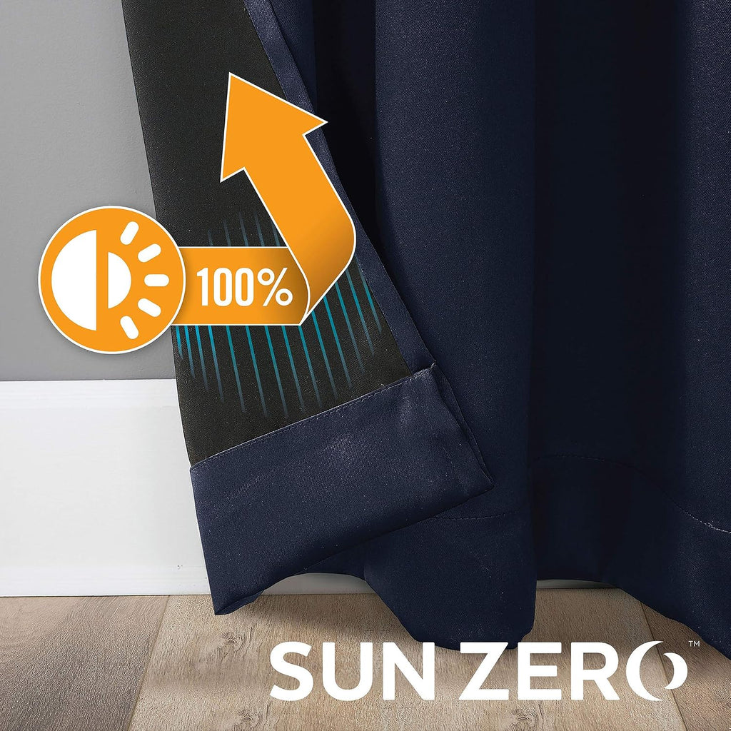 Sun Zero Nordic 2-pack Theater Grade Extreme 100% Blackout Grommet Curtain Panel Pair, 52" x 96", Navy Blue