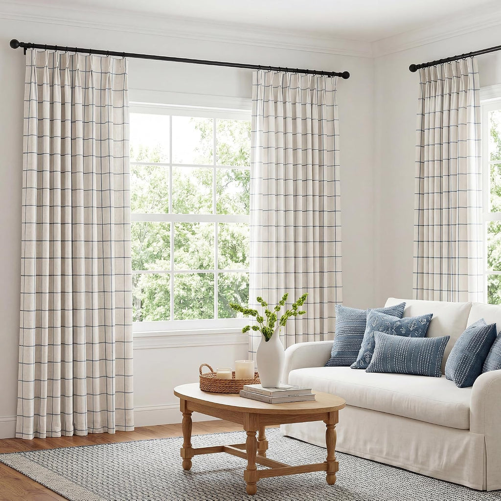 Threegirlshome THREE GIRLS Pinch Pleated Plaid Curtains Blackout Linen Gingham Blue Curtains for Living Room, Bedroom Checkered 120 Inches L…