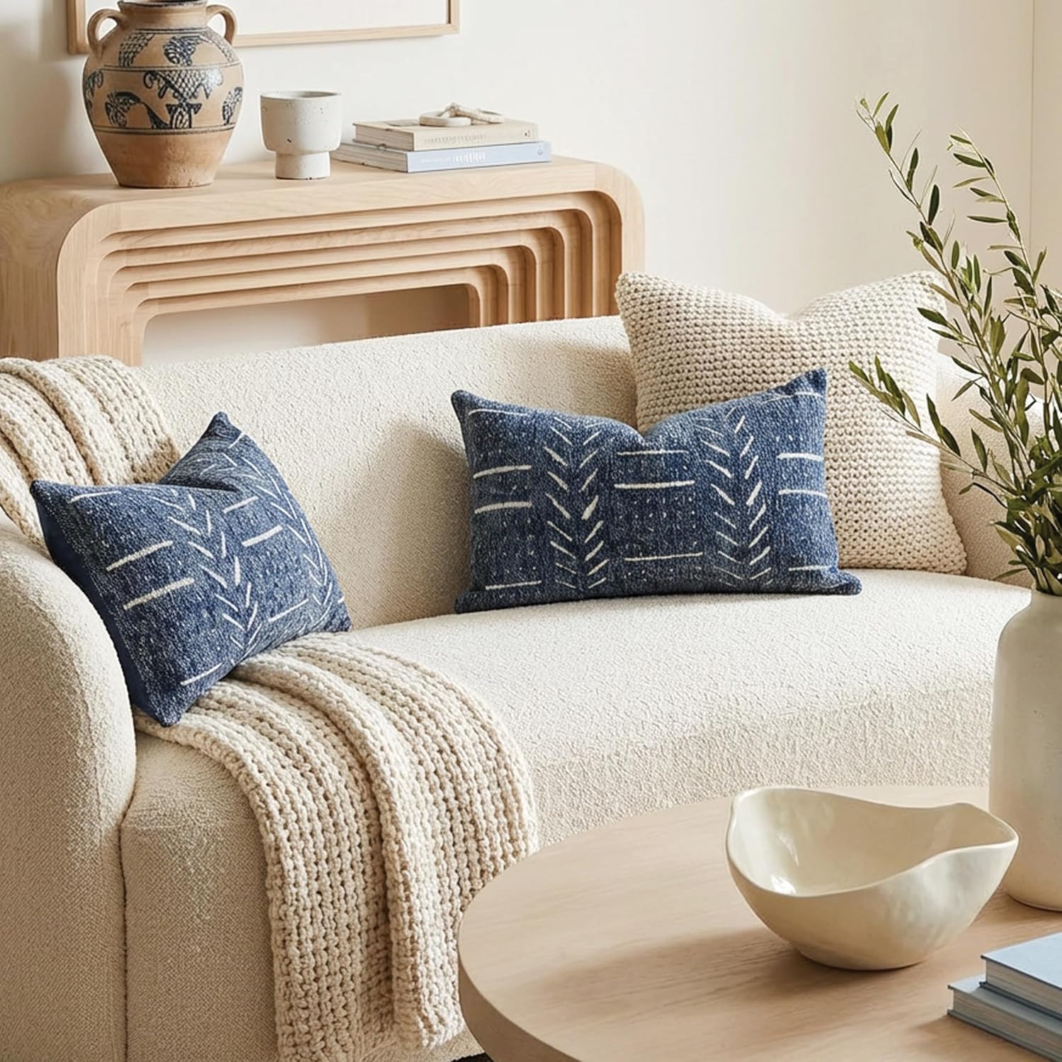 BlissBlush Decorative Lumbar Pillow Covers 12x20 Set of 2, Blue Soft Woven Chenille Accent Pillow Covers for Couch Sofa Bed, Textured…